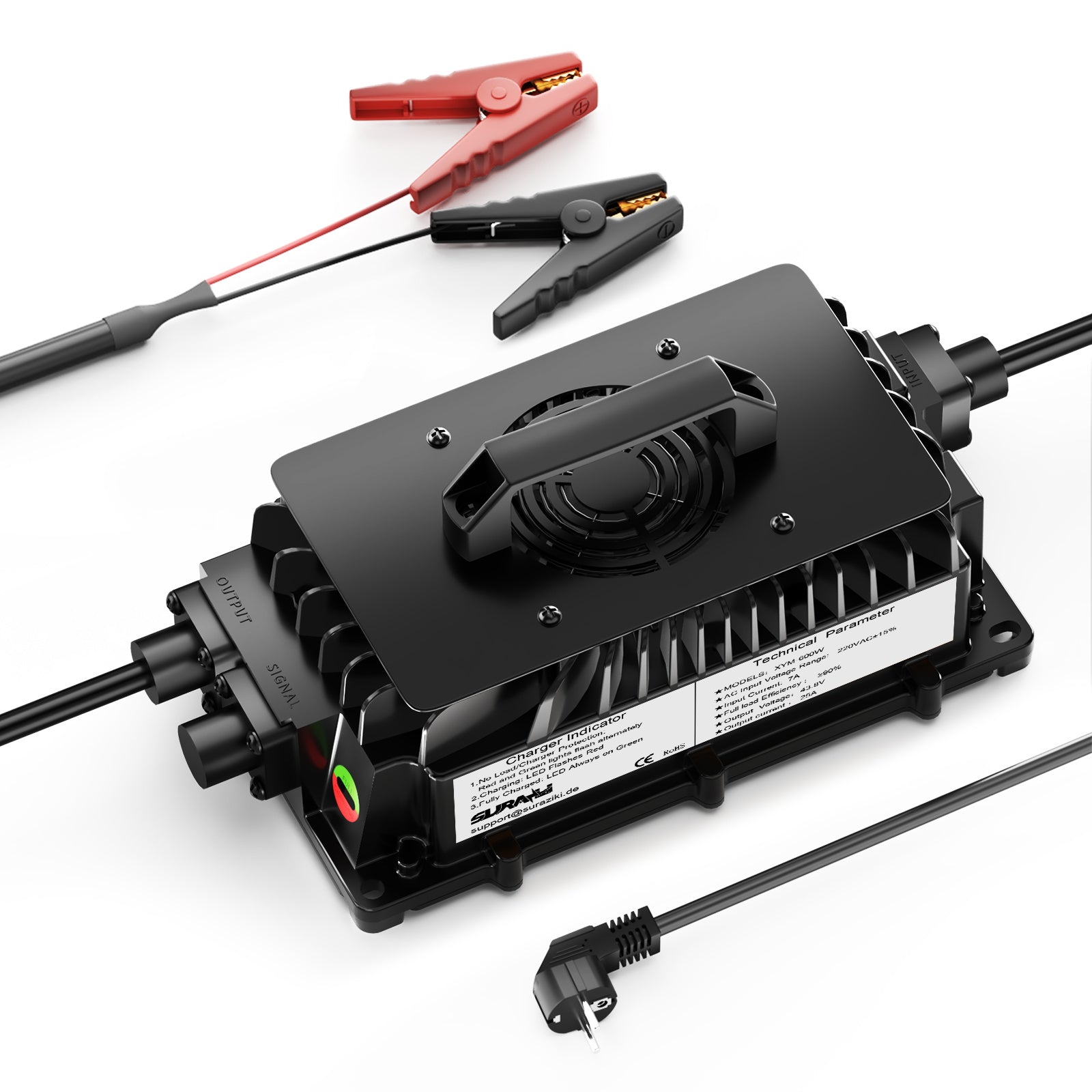 Suraziki 36V (38,4V 12S) Caricabatterie per batterie LiFePO4, caricabatterie al litio impermeabile da 43,8 V e 25 A, attivazione BMS 0 V, per golf cart e motore elettrico.