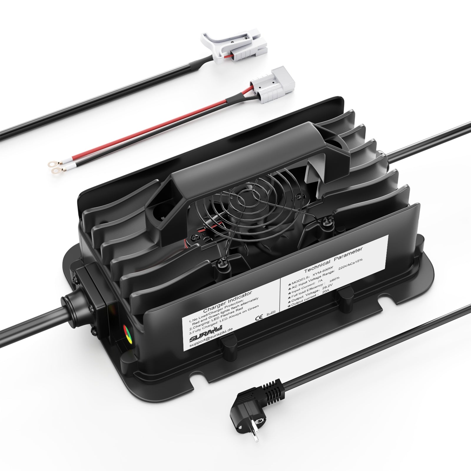 Caricabatterie Suraziki LiFePO4 da 24 V, caricabatterie al litio impermeabile da 29,2 V e 20 A con attivazione BMS a 0 V