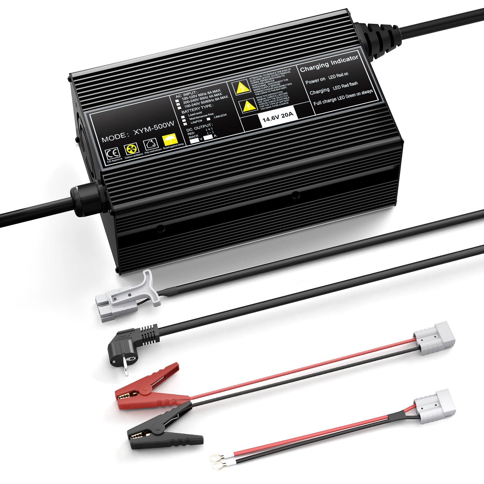 Caricabatterie per batterie LiFePO4 da 12 V e 20 A, tensione di carica 14,6 V, attivazione BMS 0 V, con connettore di ricarica rapida Anderson 50 A.