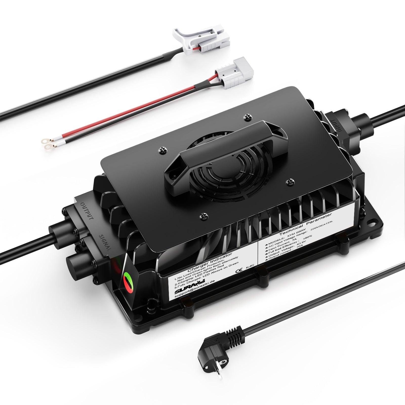 Suraziki 36V (38,4V 12S) Caricabatterie per batterie LiFePO4, caricabatterie al litio impermeabile da 43,8 V e 25 A, attivazione BMS 0 V, per golf cart e motore elettrico.