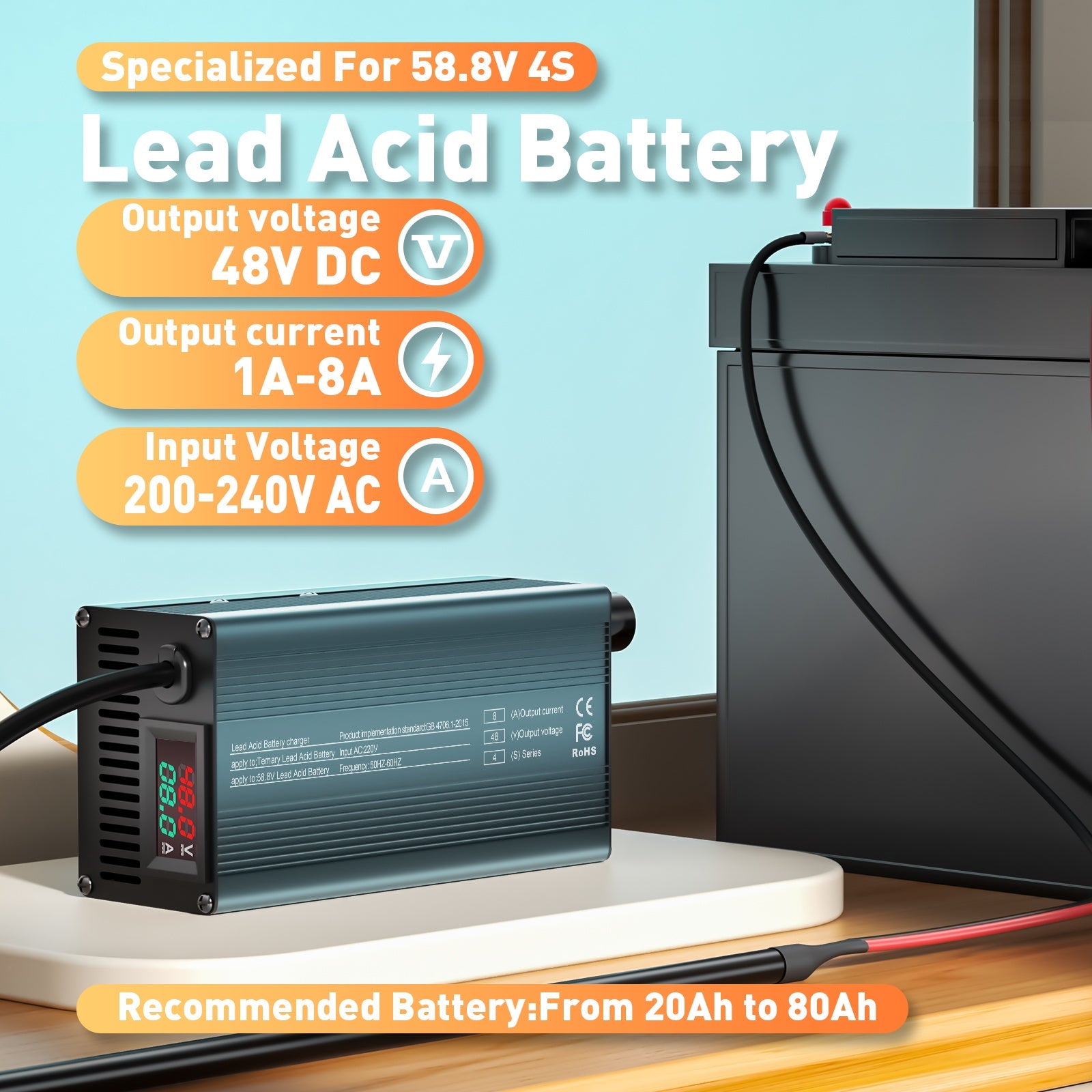 Caricabatterie Suraziki 48V 1-8A con corrente regolabile, compatibile con tutte le batterie al piombo-acido (allagate, sigillate, AGM, gel), display LCD, ventole di raffreddamento, alloggiamento in lega di alluminio.