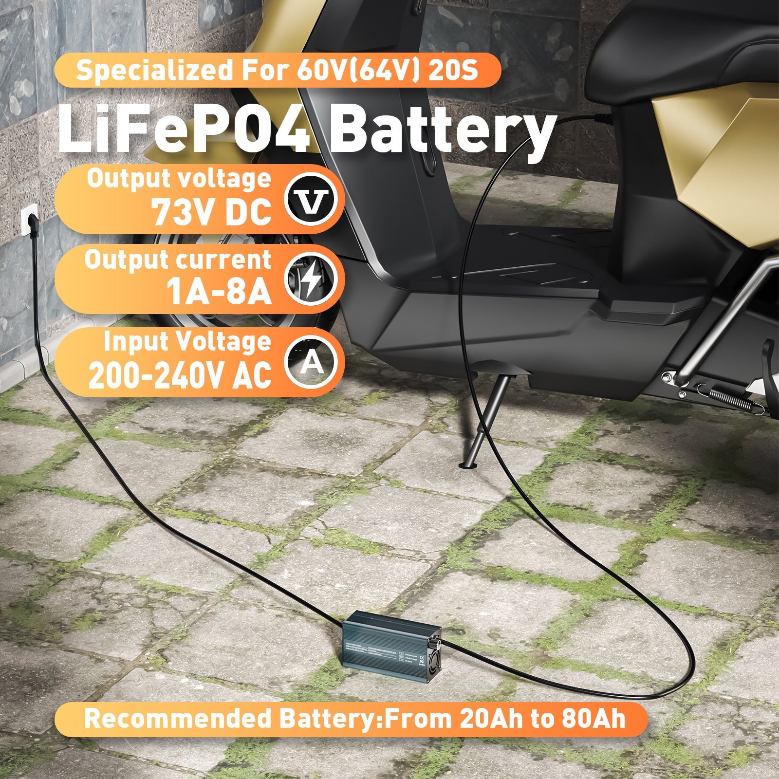 Caricabatterie per batterie al litio LiFePO4 Suraziki da 73 V, corrente regolabile da 1 a 8 A, per batterie LiFePO4 da 64 V (60 V), caricabatteria per motori da golf, camper e barche.