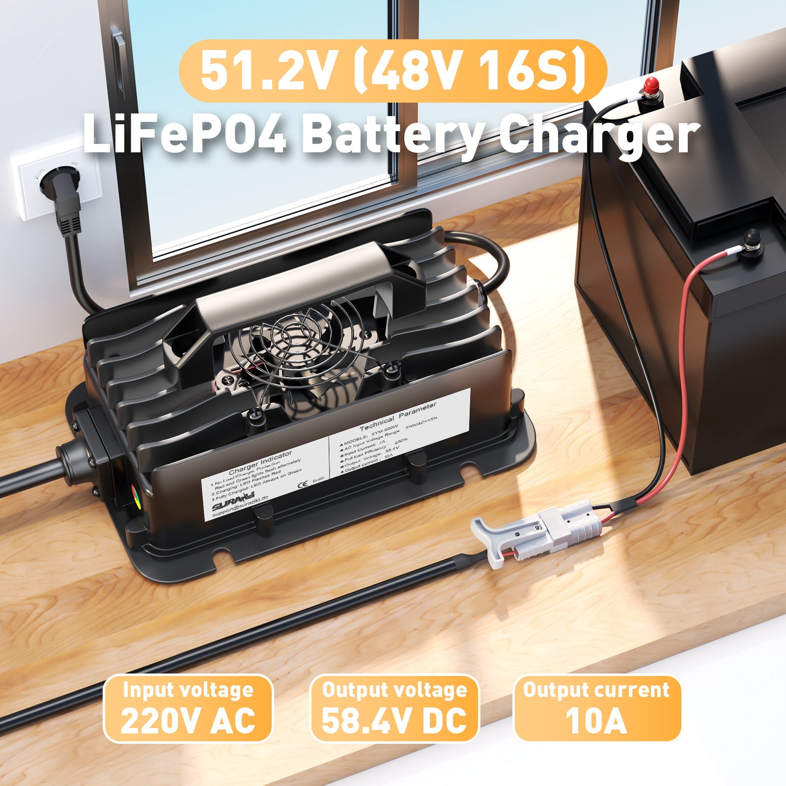 Suraziki 51,2 V (48 V 16S) LiFePO4-Batterieladegerät, 58,4 V, 10 A, wasserdichtes Lithium-Ladegerät, 0 V BMS-Aktivierung, automatische Abschaltung