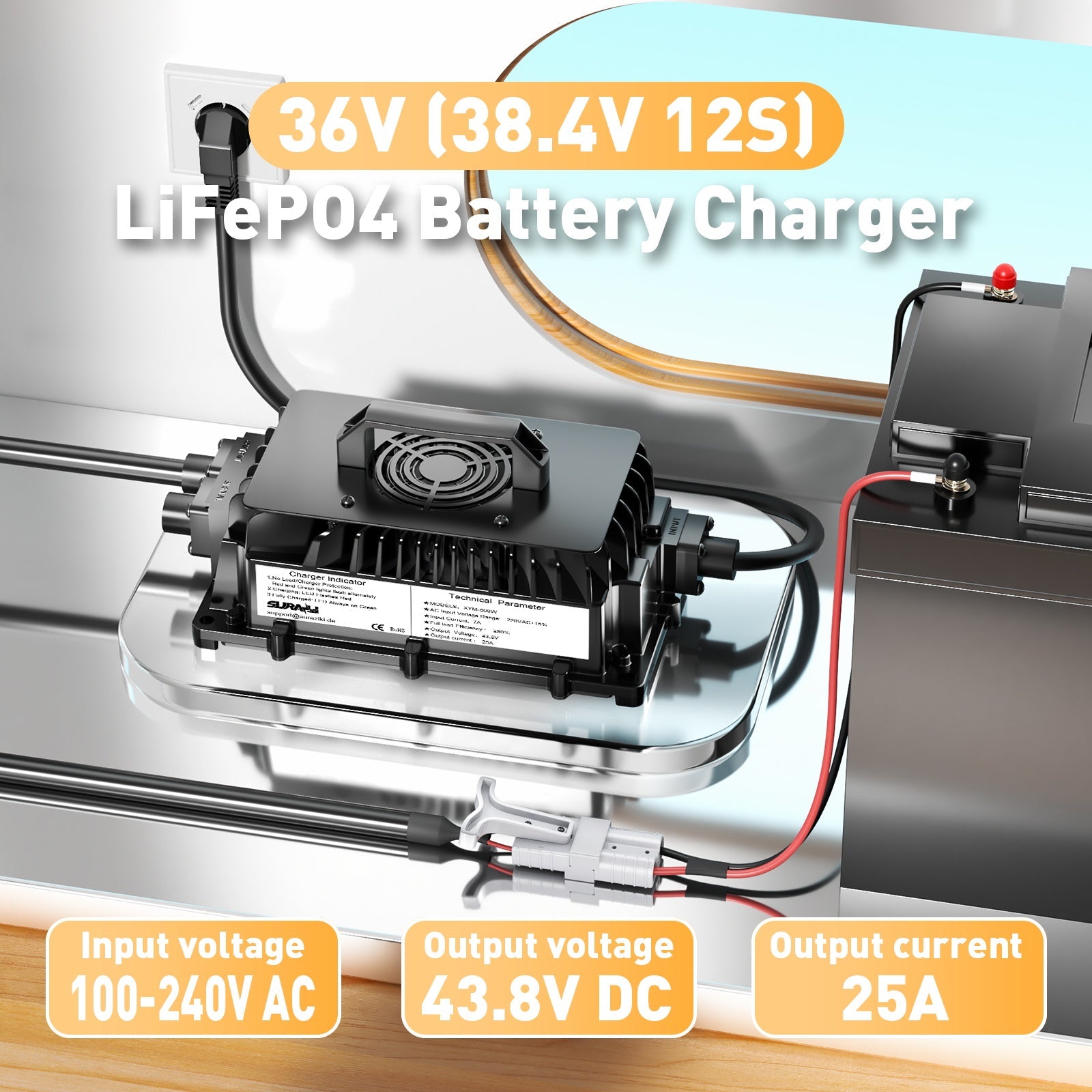 Suraziki 36V (38,4V 12S) Caricabatterie per batterie LiFePO4, caricabatterie al litio impermeabile da 43,8 V e 25 A, attivazione BMS 0 V, per golf cart e motore elettrico.