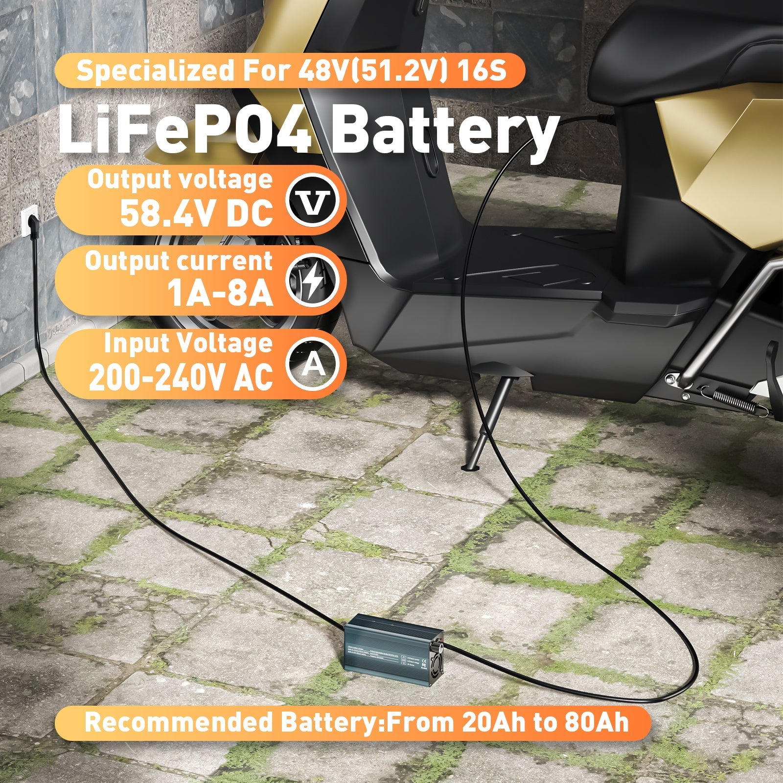 Caricabatterie per batterie al litio LiFePO4 Suraziki da 58,4 V, corrente regolabile da 1 a 8 A, per batterie LiFePO4 da 51,2 V (48 V), caricabatteria per motori da golf, camper e barche.