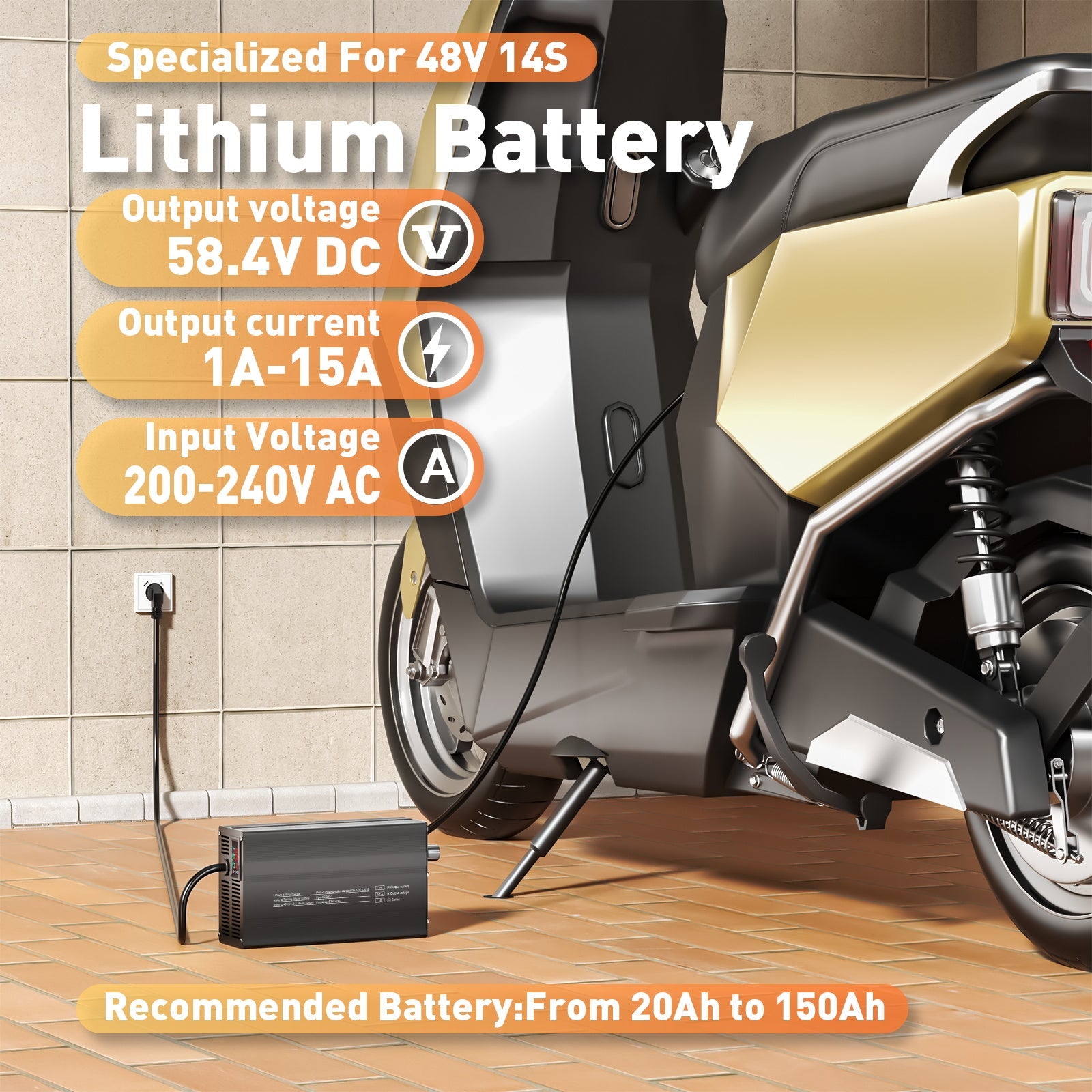 Caricabatterie per batterie al litio LiFePO4 Suraziki 58,4 V 1-15 A con corrente regolabile per 16S Batteria LiFePO4 da 51,2 V (48 V), ventola di raffreddamento, custodia in lega di alluminio, display LCD