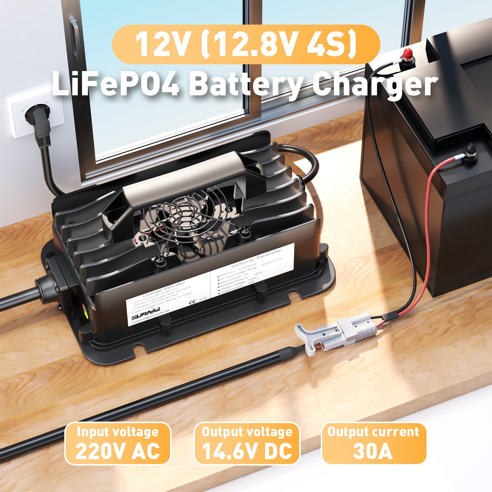 Caricabatterie Suraziki 12V LiFePO4, caricabatteria impermeabile al litio 14,6V 30A, attivazione BMS 0V