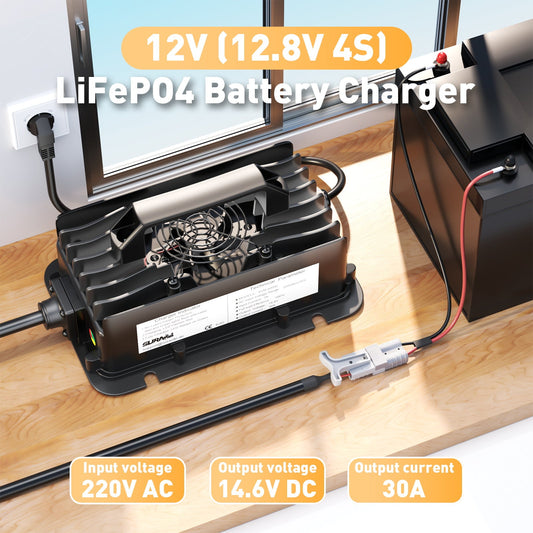 Caricabatterie Suraziki 12V LiFePO4, caricabatteria impermeabile al litio 14,6V 30A, attivazione BMS 0V