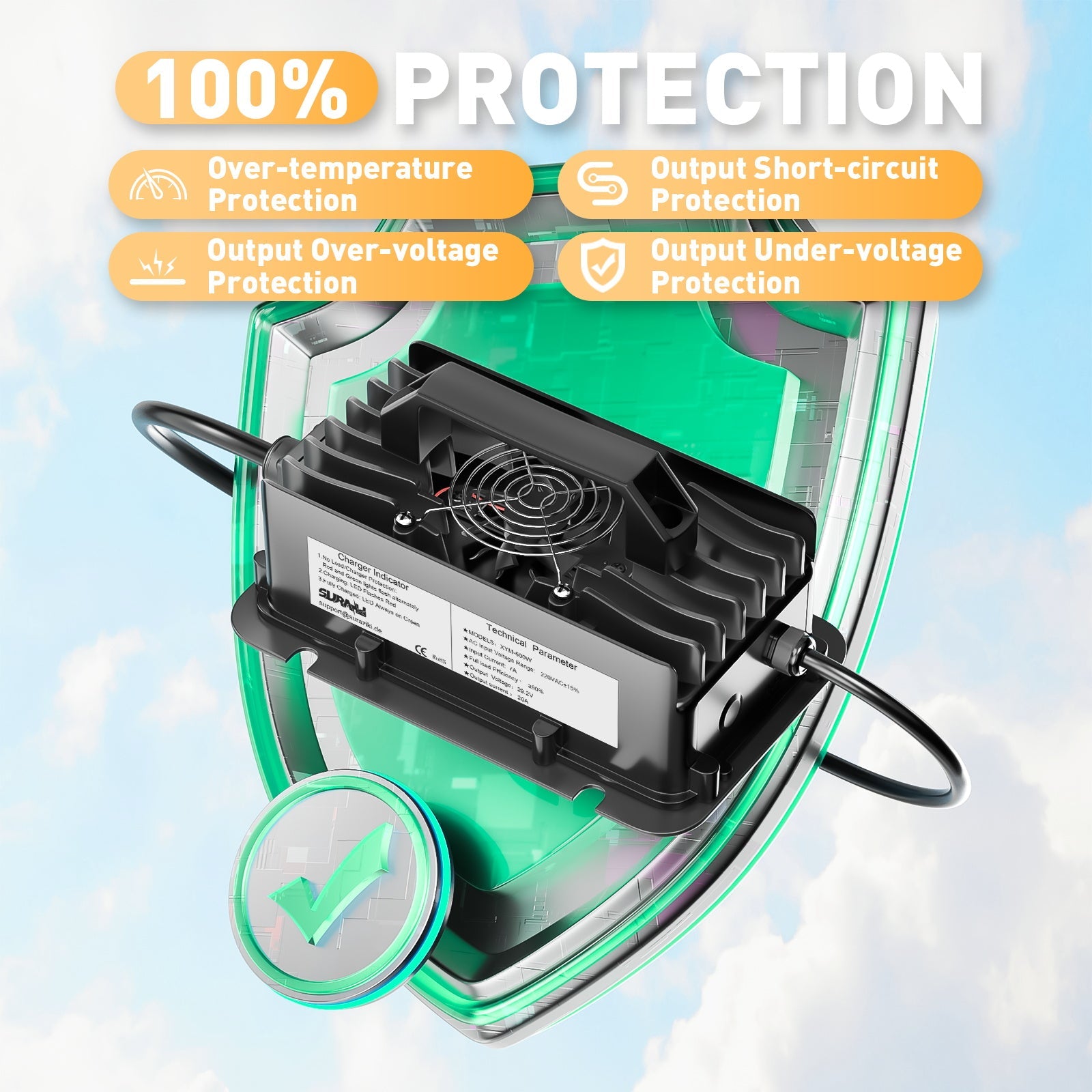 Caricabatterie Suraziki LiFePO4 da 24 V, caricabatterie al litio impermeabile da 29,2 V e 20 A con attivazione BMS a 0 V