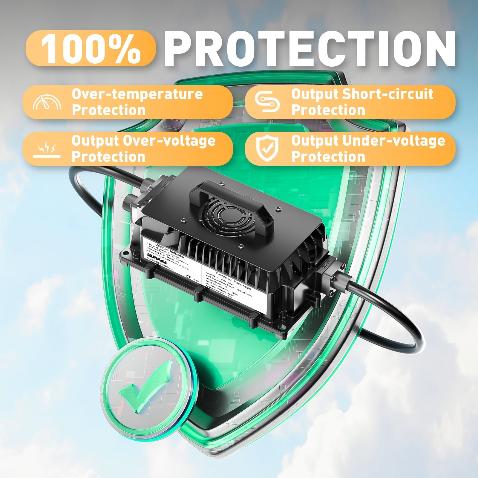 Suraziki 36V (38,4V 12S) Caricabatterie per batterie LiFePO4, caricabatterie al litio impermeabile da 43,8 V e 25 A, attivazione BMS 0 V, per golf cart e motore elettrico.