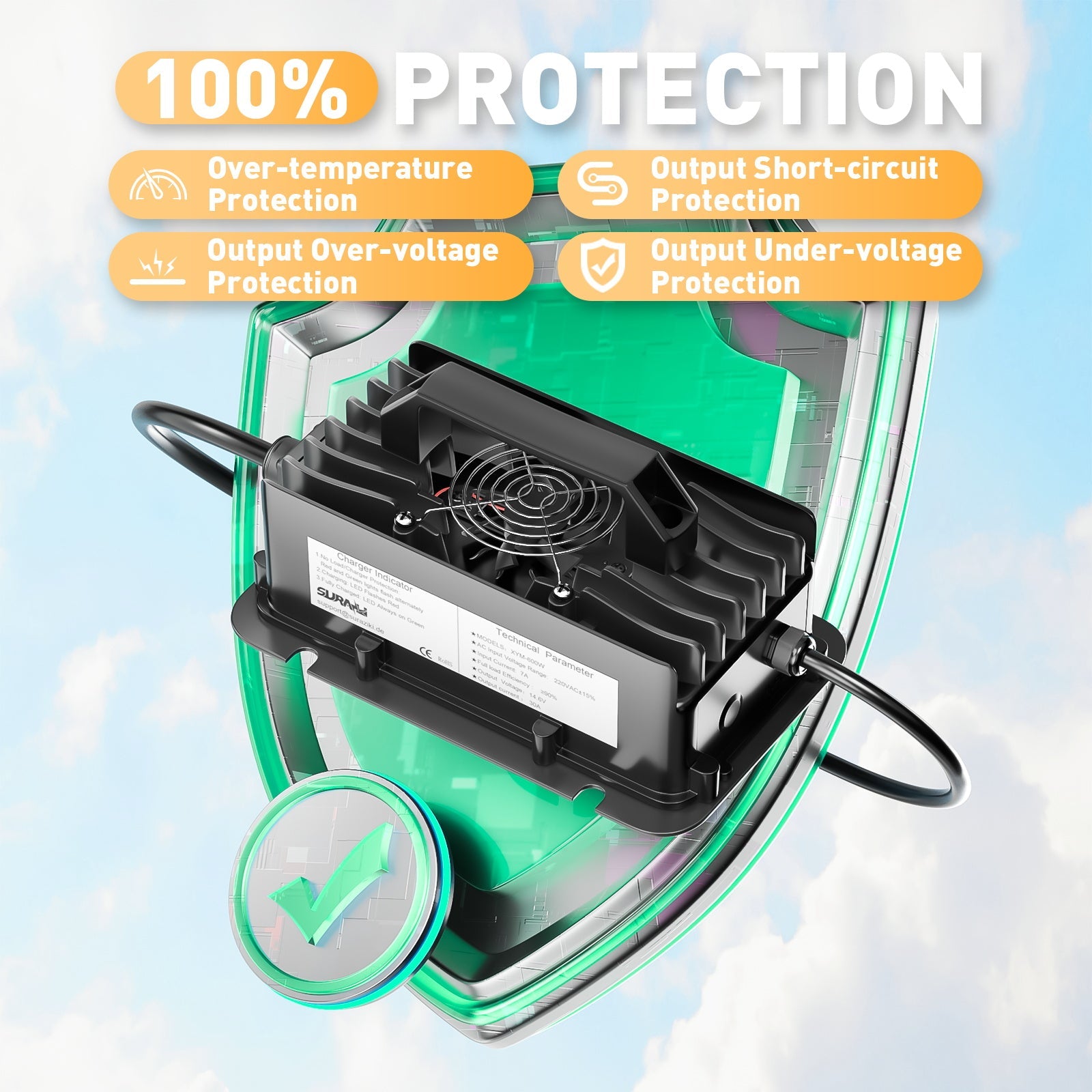 Caricabatterie Suraziki 12V LiFePO4, caricabatteria impermeabile al litio 14,6V 30A, attivazione BMS 0V