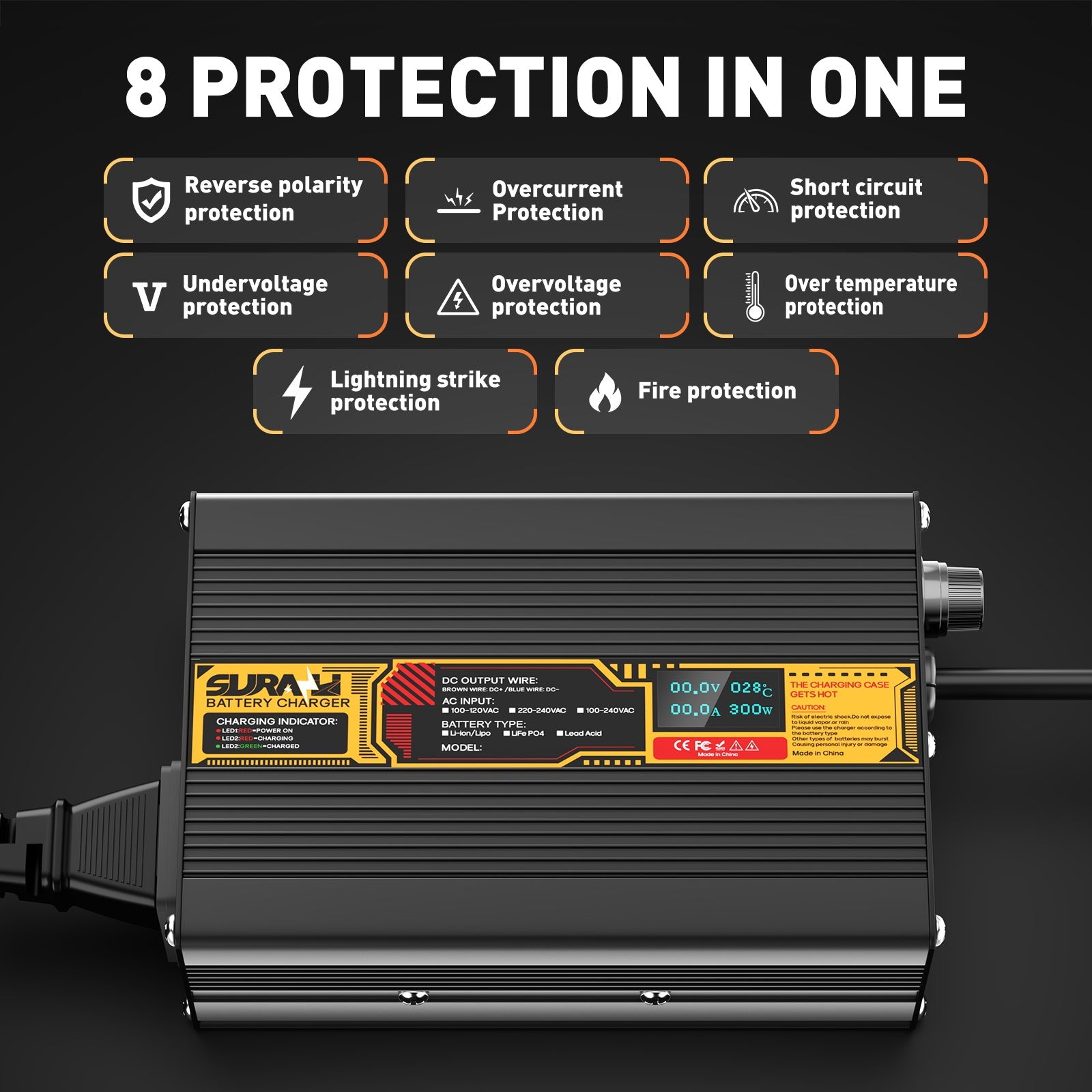 Caricabatterie Suraziki Lithium 79,8 V 3,5 A per batterie ai polimeri di ioni di litio da 70,3 V, display a LED, protezione completa, scocca in lega di alluminio