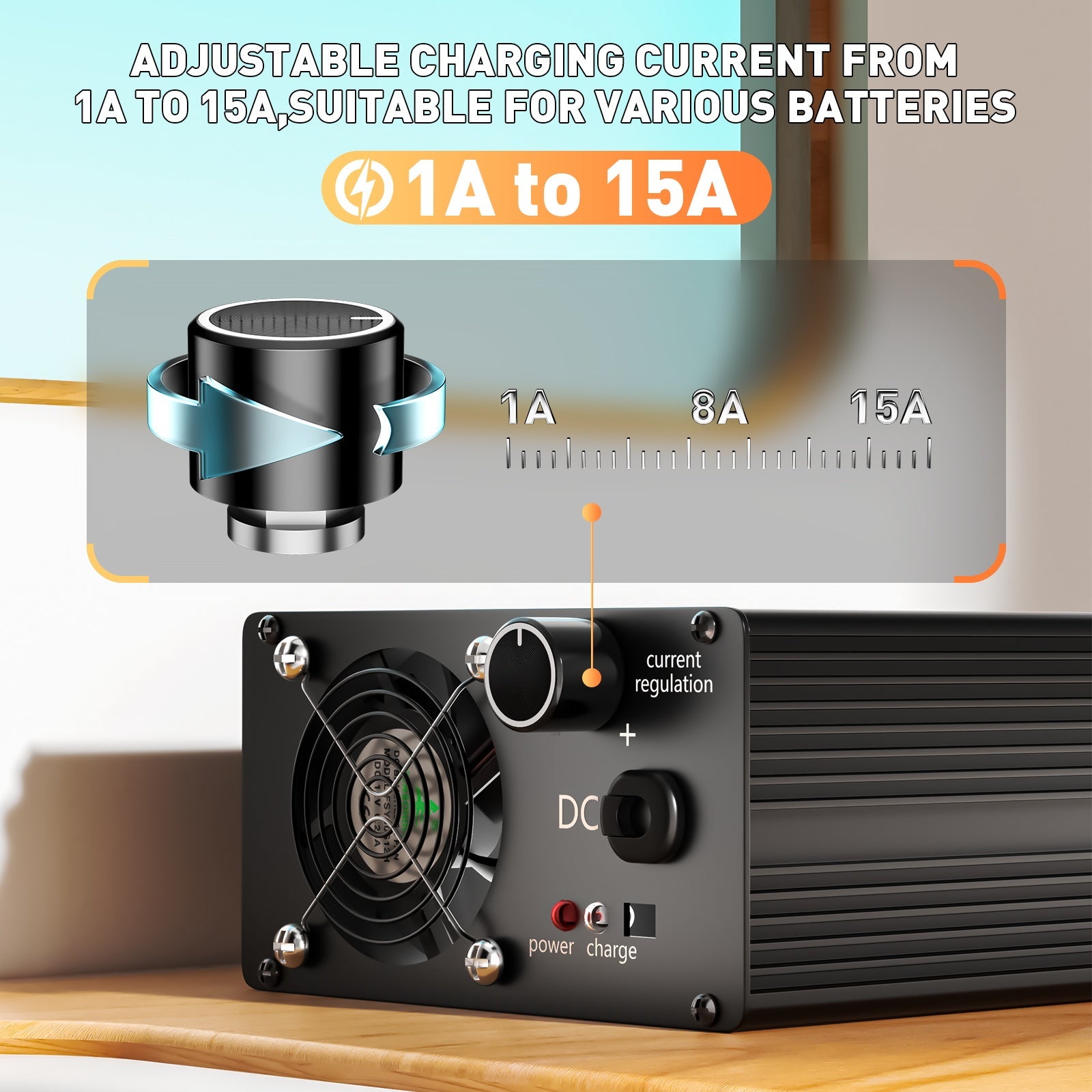 Caricabatterie per batterie al litio LiFePO4 Suraziki 58,4 V 1-15 A con corrente regolabile per 16S Batteria LiFePO4 da 51,2 V (48 V), ventola di raffreddamento, custodia in lega di alluminio, display LCD