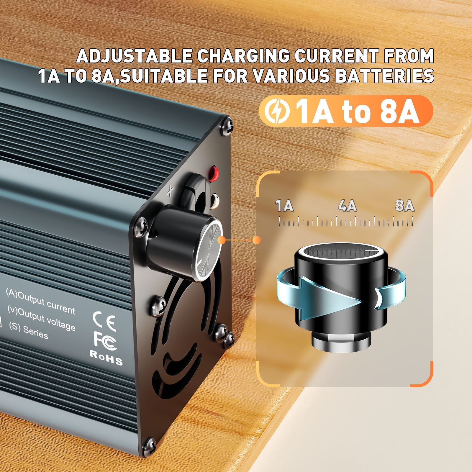 Caricabatterie per batterie al litio LiFePO4 Suraziki da 58,4 V, corrente regolabile da 1 a 8 A, per batterie LiFePO4 da 51,2 V (48 V), caricabatteria per motori da golf, camper e barche.