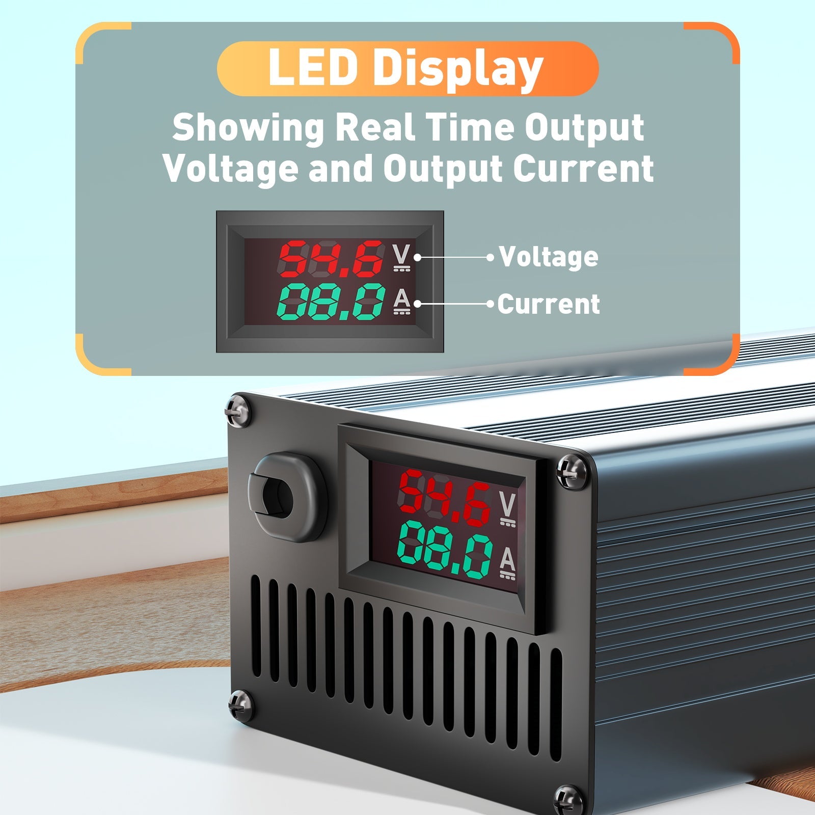 Suraziki 54,6 V 1-8 A stromverstellbares Lithium-Batterieladegerät für 13S 48 V Li-Ionen-/ternäre Lithium-/Polymer-Batterie, LCD-Display, Kühllüfter, Aluminiumgehäuse