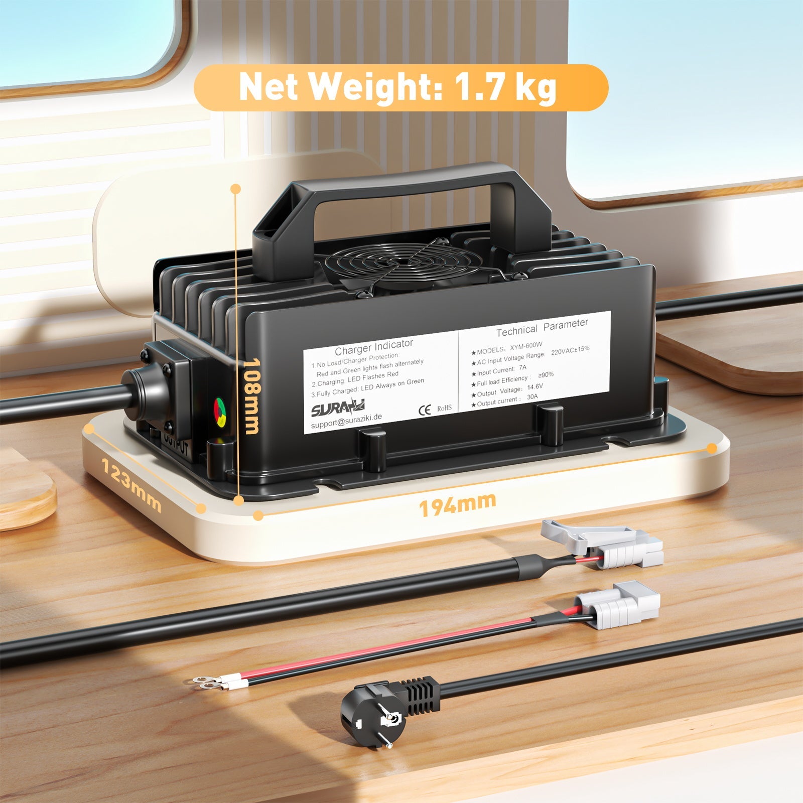 Caricabatterie Suraziki 12V LiFePO4, caricabatteria impermeabile al litio 14,6V 30A, attivazione BMS 0V