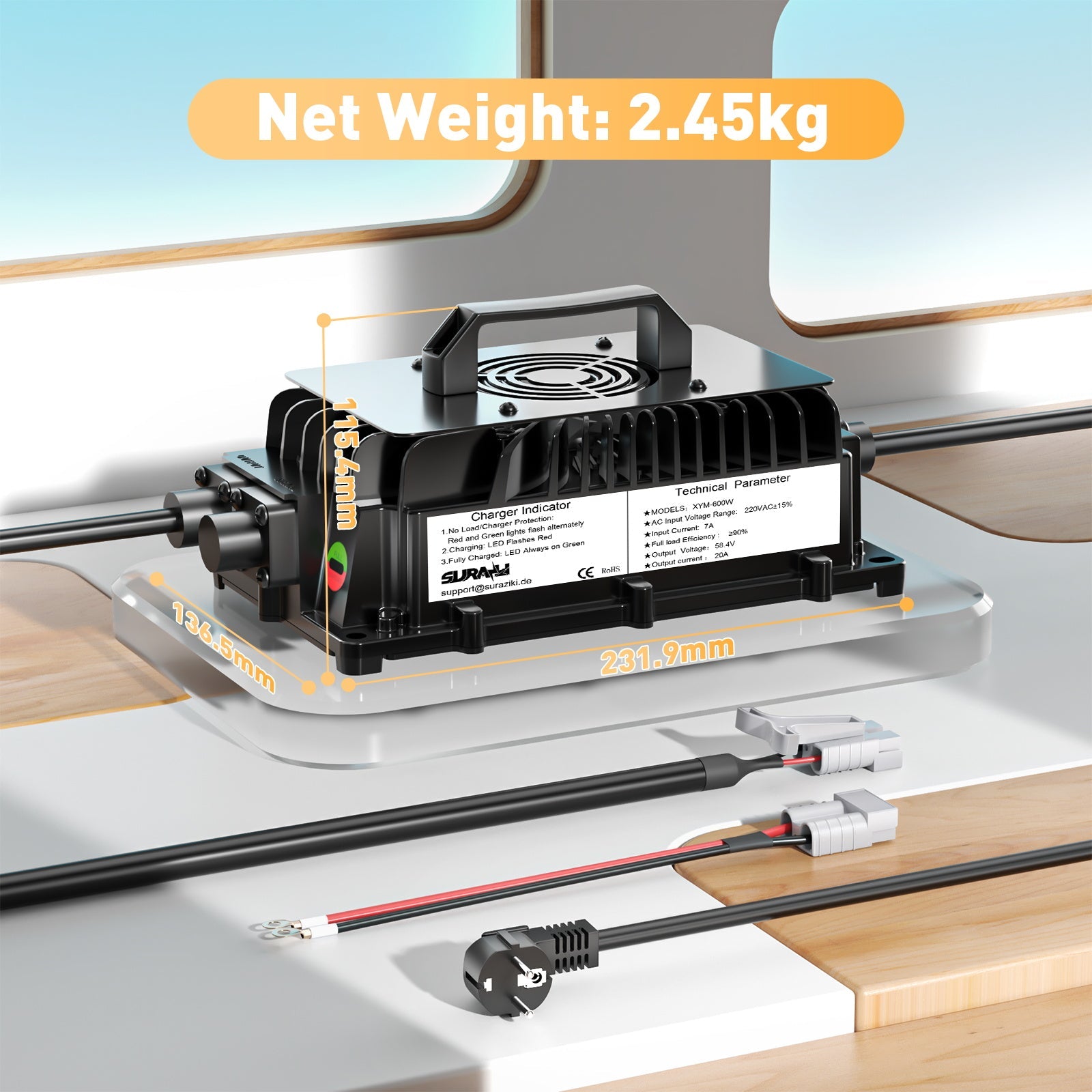 Suraziki 51.2V (48V 16S) Caricabatterie per batterie LiFePO4, caricabatterie al litio impermeabile da 58,4 V e 20 A, attivazione BMS 0 V, per golf cart e motore elettrico.