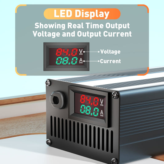 Caricabatterie per batterie al litio Suraziki 84V 1-8A con corrente regolabile per 20S Batteria agli ioni di litio / ternaria ai polimeri di litio / 74 V 72 V, caricabatteria per moto elettrica, scooter elettrico e bici