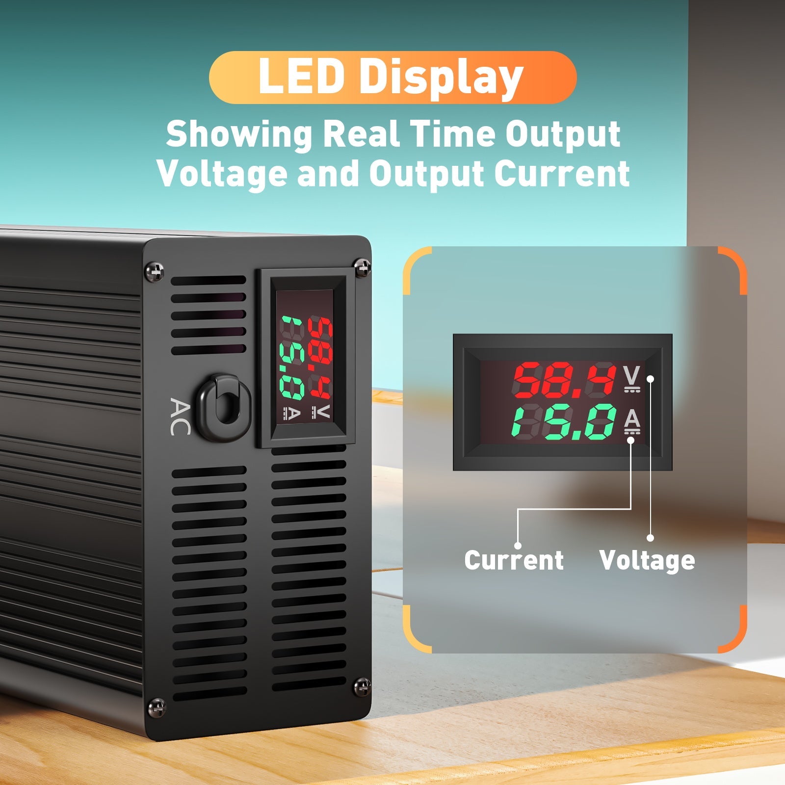 Caricabatterie per batterie al litio LiFePO4 Suraziki 58,4 V 1-15 A con corrente regolabile per 16S Batteria LiFePO4 da 51,2 V (48 V), ventola di raffreddamento, custodia in lega di alluminio, display LCD