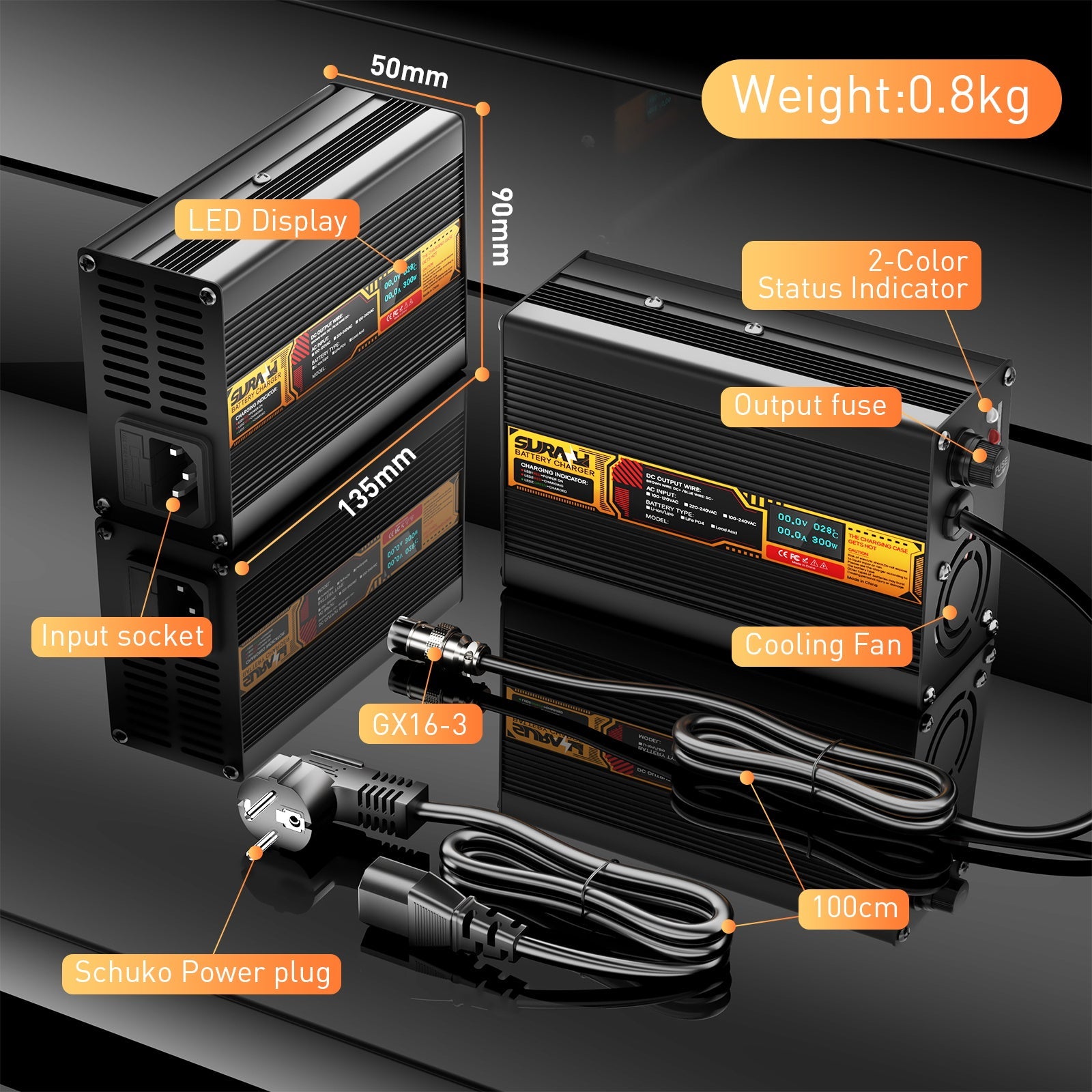 Caricabatterie Suraziki Lithium 79,8 V 3,5 A per batterie ai polimeri di ioni di litio da 70,3 V, display a LED, protezione completa, scocca in lega di alluminio