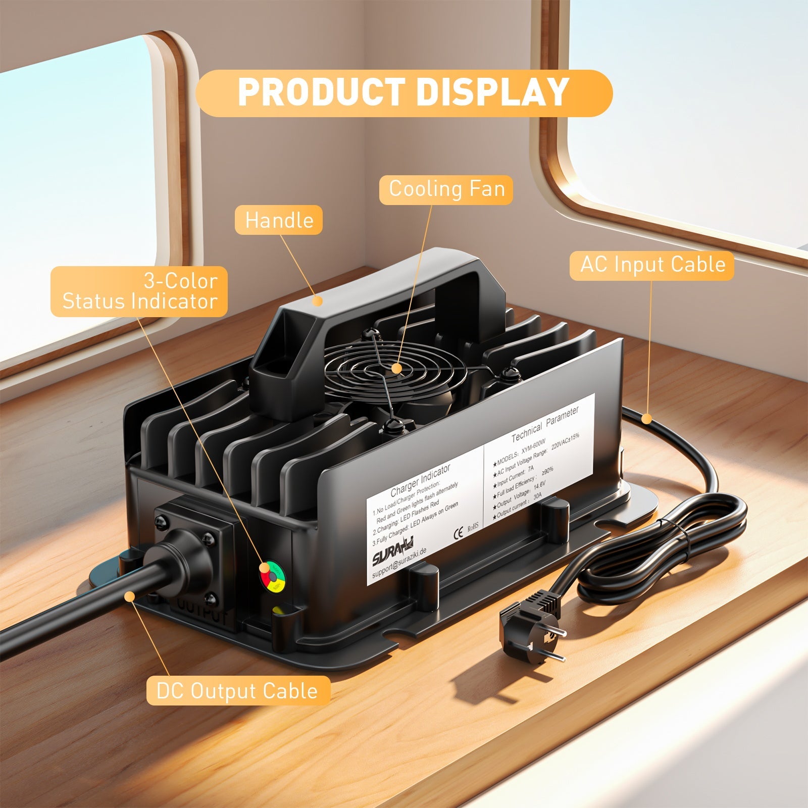 Caricabatterie Suraziki 12V LiFePO4, caricabatteria impermeabile al litio 14,6V 30A, attivazione BMS 0V