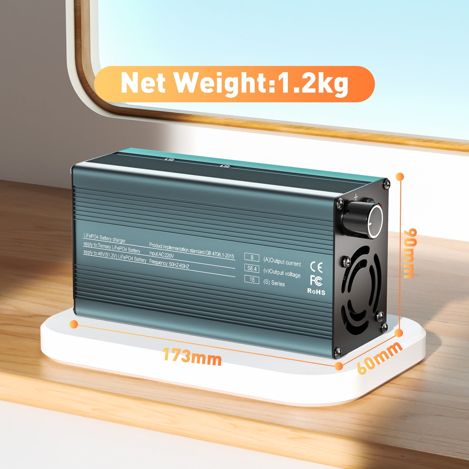 Caricabatterie per batterie al litio LiFePO4 Suraziki da 58,4 V, corrente regolabile da 1 a 8 A, per batterie LiFePO4 da 51,2 V (48 V), caricabatteria per motori da golf, camper e barche.