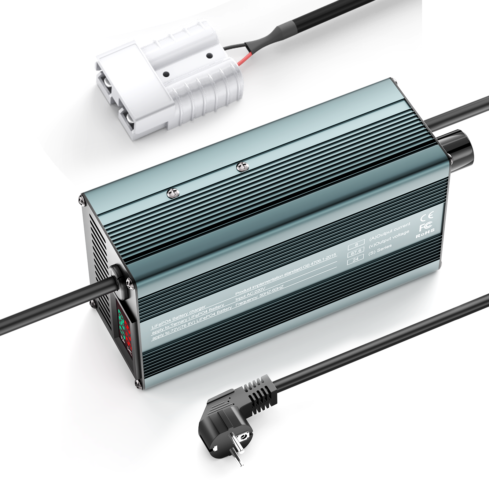 Suraziki 87,6 V 1–8 A stromeinstellbares Lithium-LiFePO4-Akkuladegerät für 76,8 V (72 V) LiFePO4-Akku, Kühllüfter, Gehäuse aus Aluminiumlegierung, LCD-Display
