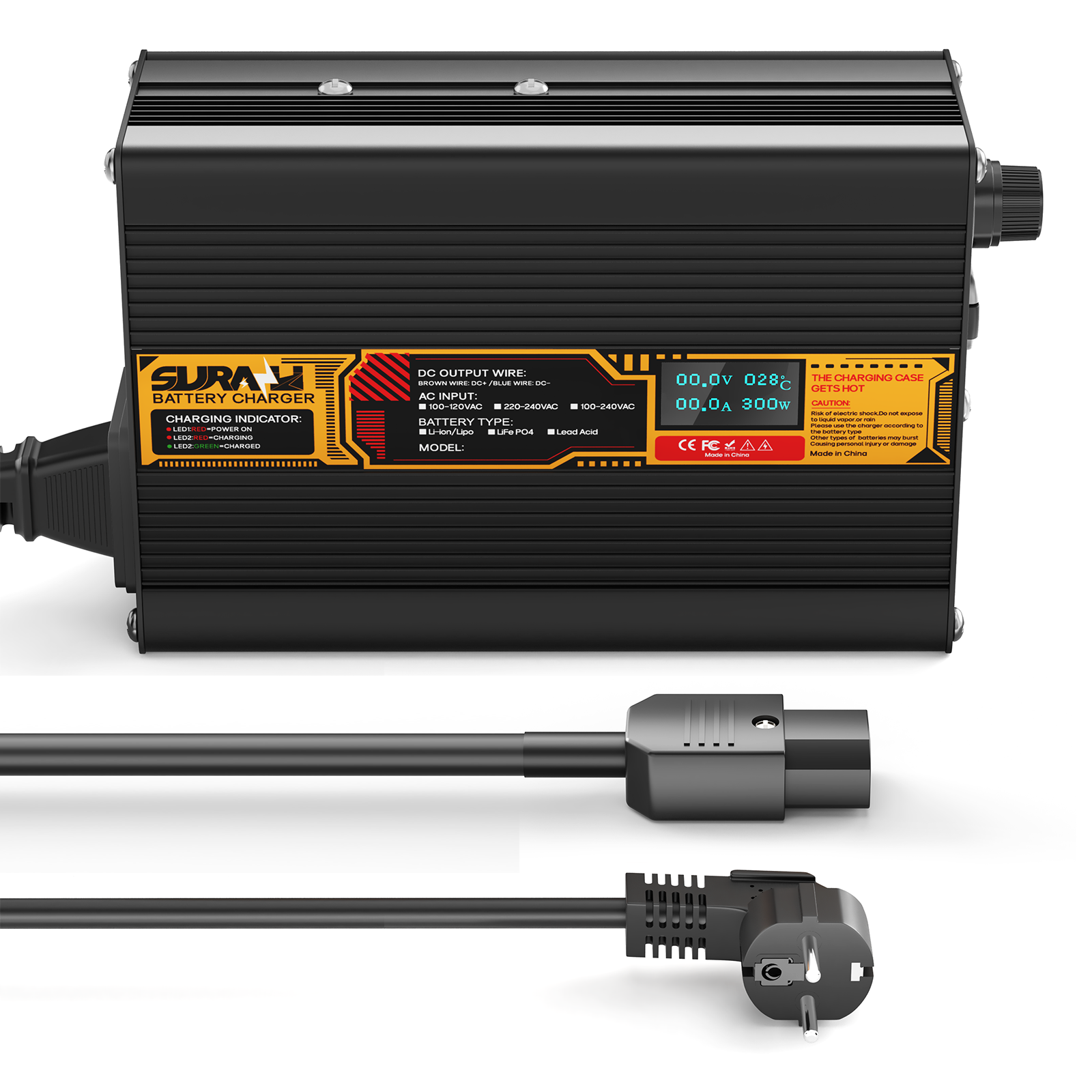 Caricabatterie Suraziki Lithium 84V 3A per batterie ai polimeri di ioni di litio da 74V e 72V, display a LED, protezione completa, scocca in lega di alluminio