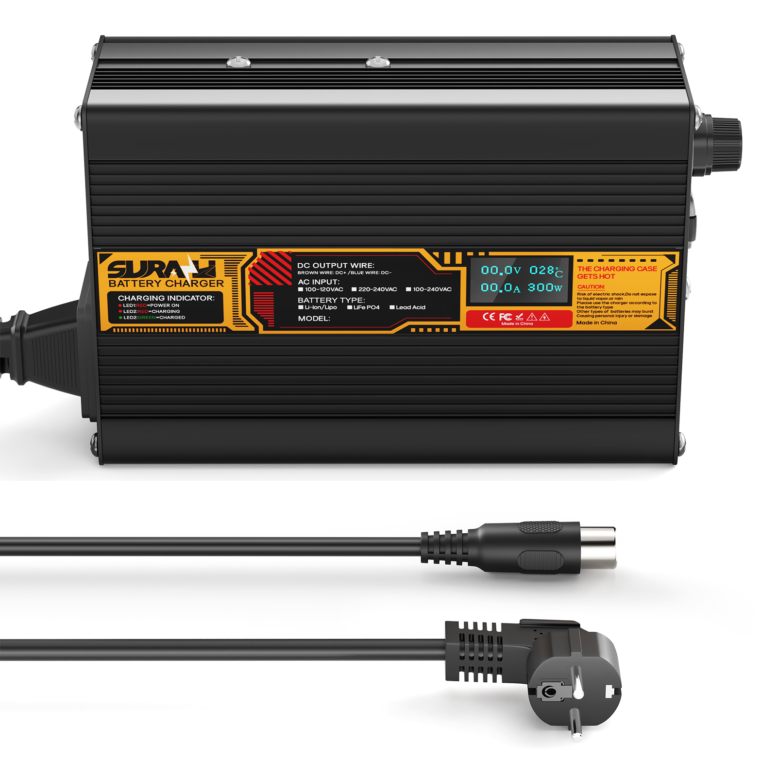 Caricabatterie Suraziki Lithium 84V 3A per batterie ai polimeri di ioni di litio da 74V e 72V, display a LED, protezione completa, scocca in lega di alluminio