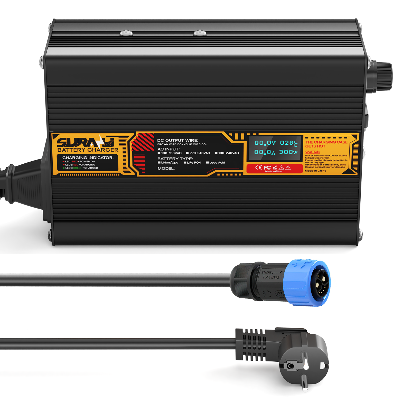 Caricabatterie Suraziki Lithium 84V 3A per batterie ai polimeri di ioni di litio da 74V e 72V, display a LED, protezione completa, scocca in lega di alluminio