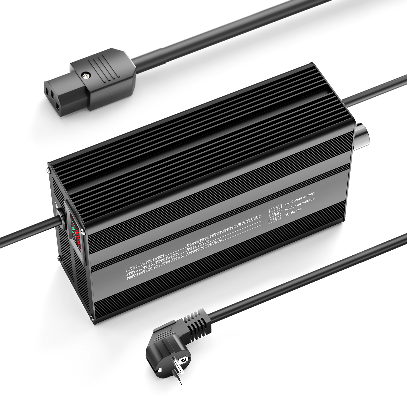 Caricabatterie per batterie al litio LiFePO4 Suraziki 58,4 V 1-15 A con corrente regolabile per 16S Batteria LiFePO4 da 51,2 V (48 V), ventola di raffreddamento, custodia in lega di alluminio, display LCD