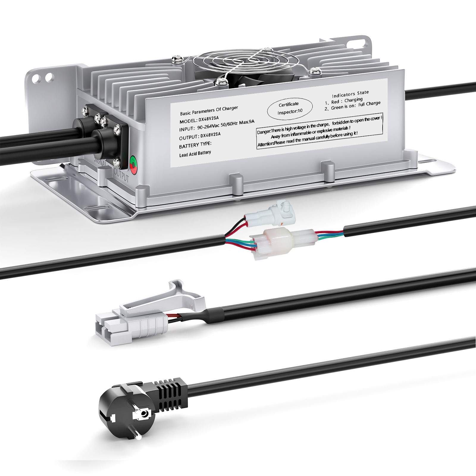 Caricabatterie per batterie al piombo Suraziki 48V 25A, impermeabile IP65, con cavo di bloccaggio per transpallet/lavasciuga pavimenti/golf cart/carrello elevatore
