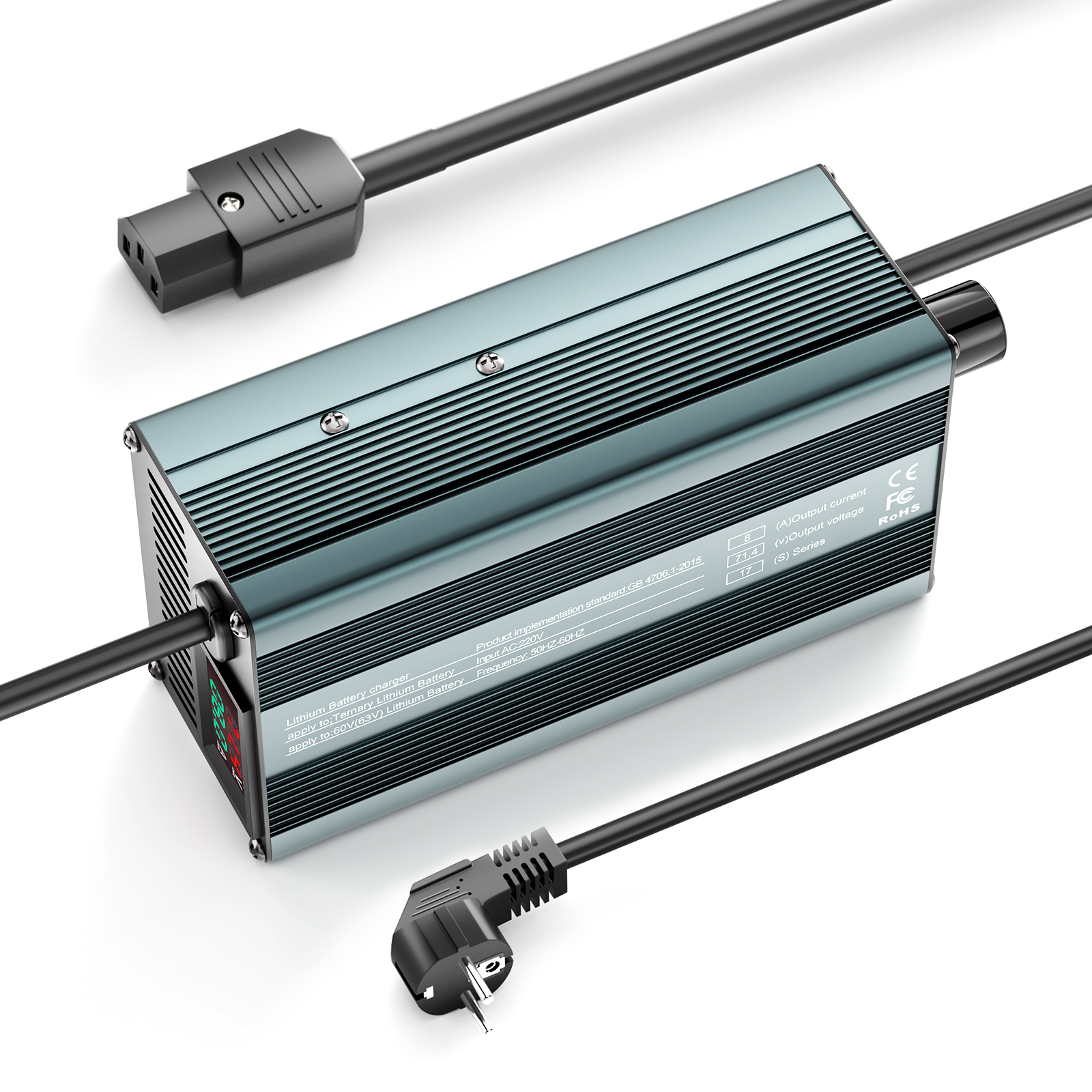 Suraziki 54,6 V 1-8 A stromverstellbares Lithium-Batterieladegerät für 13S 48 V Li-Ionen-/ternäre Lithium-/Polymer-Batterie, LCD-Display, Kühllüfter, Aluminiumgehäuse