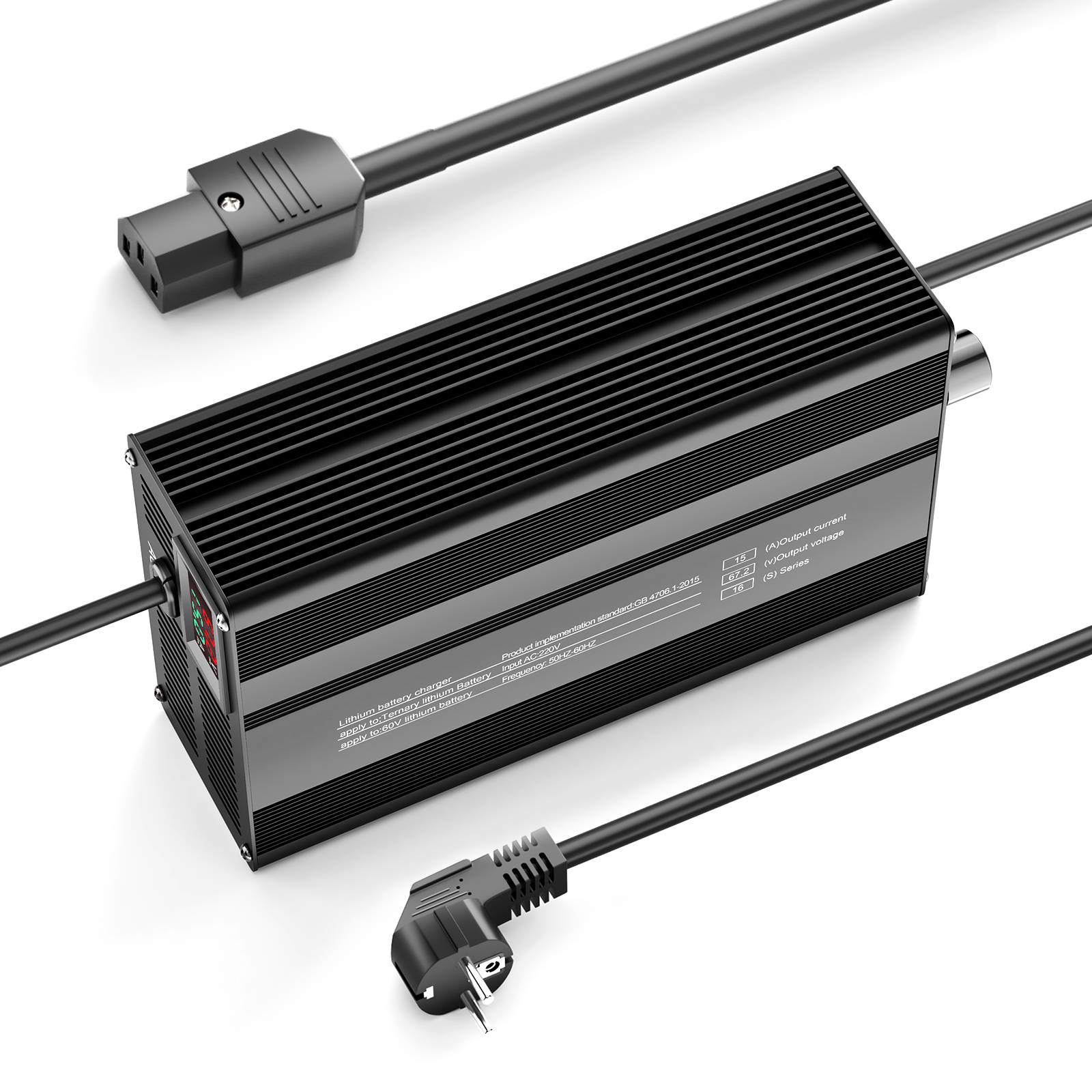 Caricabatterie per batterie al litio Suraziki 67,2 V 1-15 A con corrente regolabile per 16S Batterie agli ioni di litio/polimero ternario da 59,2 V, caricabatteria per scooter elettrico