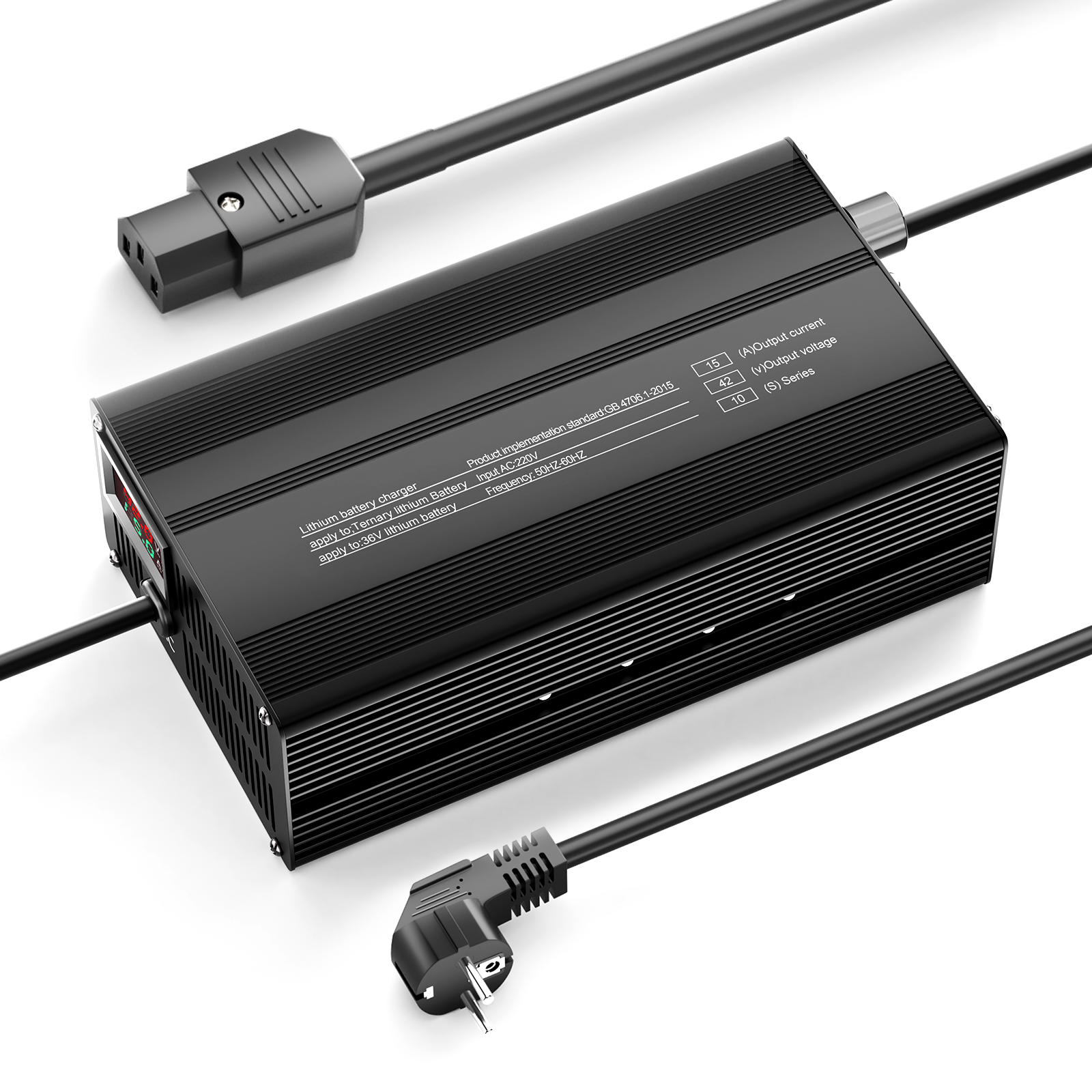 Suraziki 42V 1-15A Stromverstellbares Lithium-Batterieladegerät für 10S 37 V Li-Ionen-/ternäre Lithium-/Polymer-Batterien, E-Bike-Scooter-Batterieladegerät
