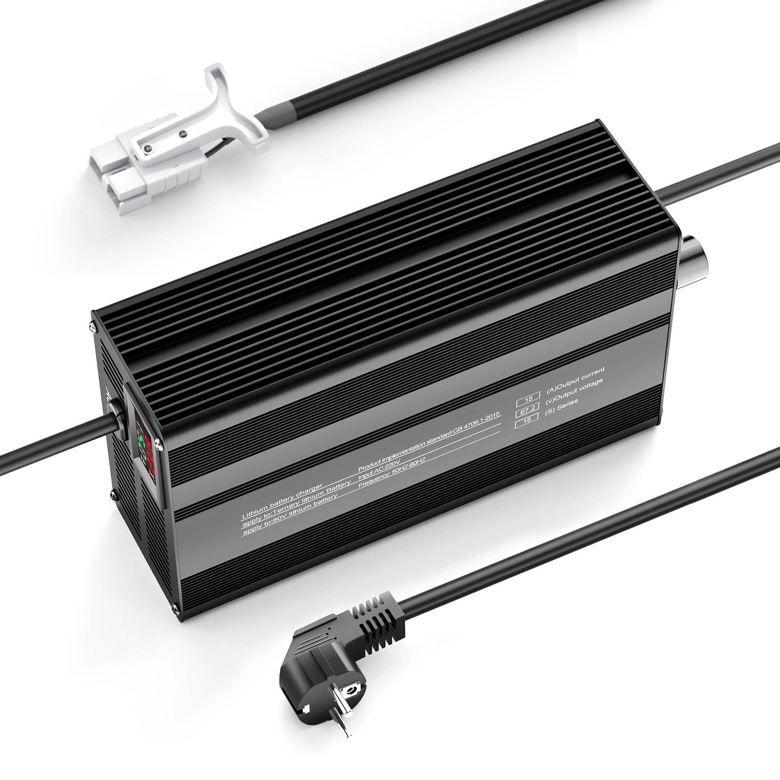 Caricabatterie per batterie al litio Suraziki 67,2 V 1-15 A con corrente regolabile per 16S Batterie agli ioni di litio/polimero ternario da 59,2 V, caricabatteria per scooter elettrico
