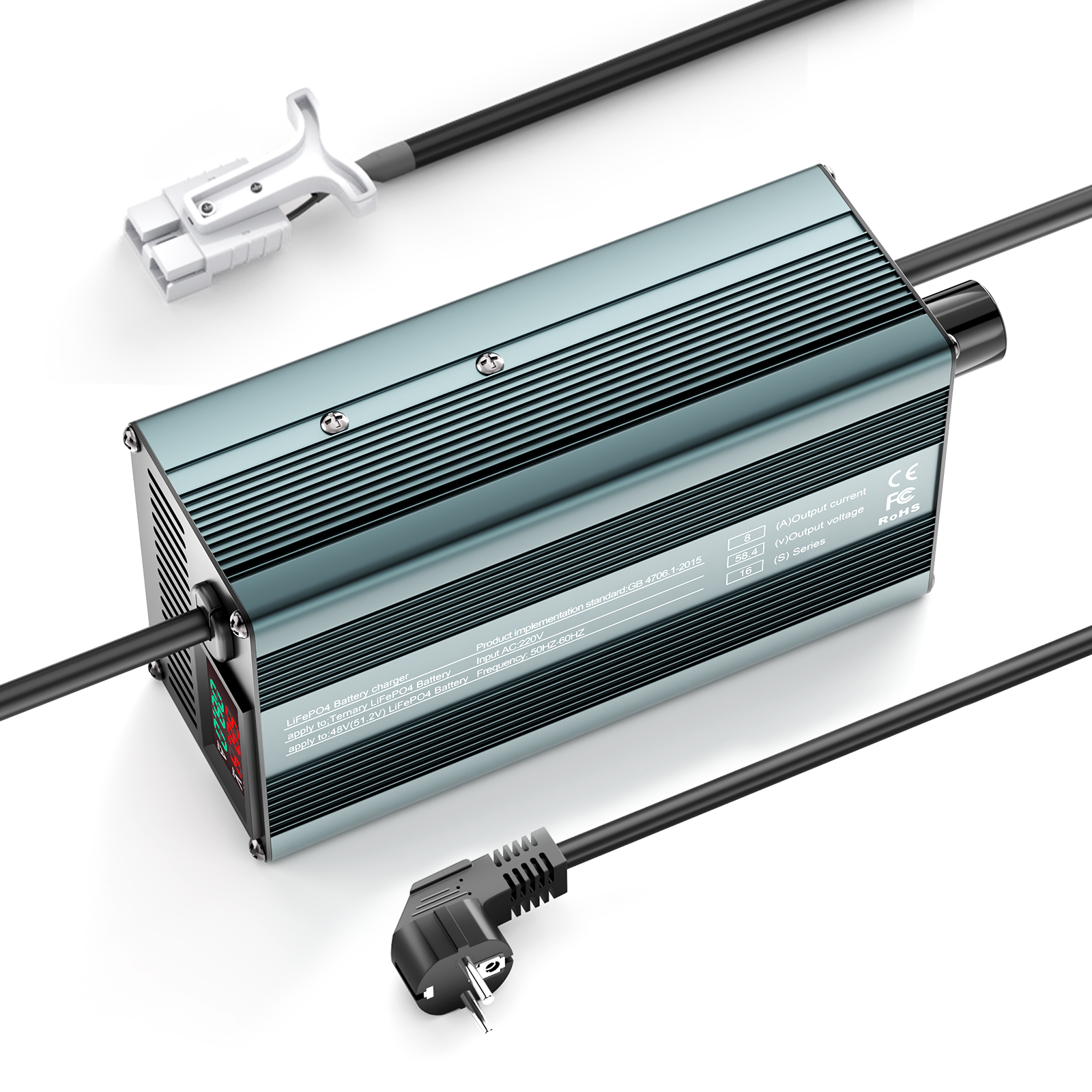 Caricabatterie per batterie al litio LiFePO4 Suraziki da 58,4 V, corrente regolabile da 1 a 8 A, per batterie LiFePO4 da 51,2 V (48 V), caricabatteria per motori da golf, camper e barche.