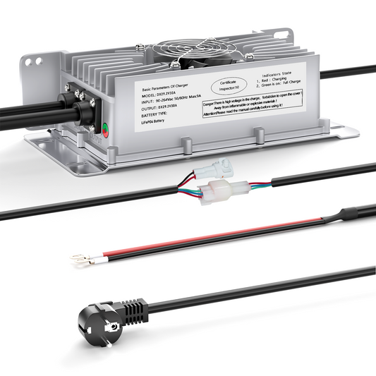 Caricabatterie per batterie al litio Lifepo4 Suraziki 24V 30A, tensione di carica 29,2V per 24V (25,6V) 8S Batteria impermeabile, attivazione BMS 0V, con cavo di bloccaggio per veicoli elettrici, bici elettriche e golf cart