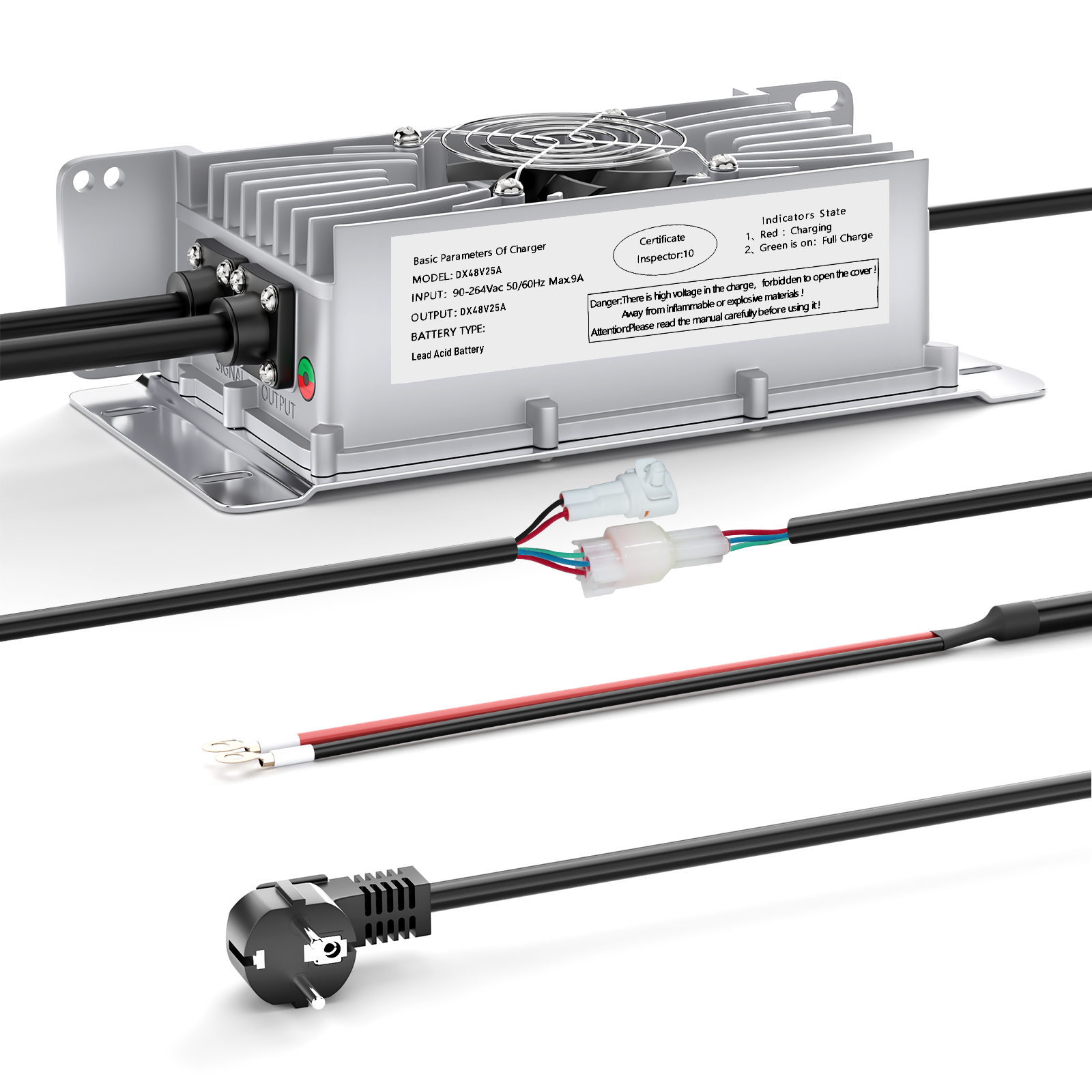 Caricabatterie per batterie al piombo Suraziki 48V 25A, impermeabile IP65, con cavo di bloccaggio per transpallet/lavasciuga pavimenti/golf cart/carrello elevatore