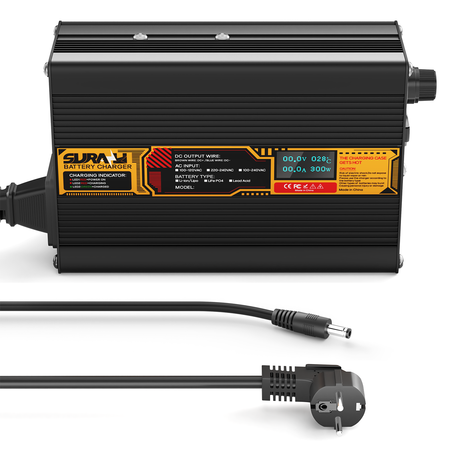 Caricabatterie Suraziki Lithium 79,8 V 3 A per batterie ai polimeri di ioni di litio da 70,3 V, display a LED, protezione completa, scocca in lega di alluminio