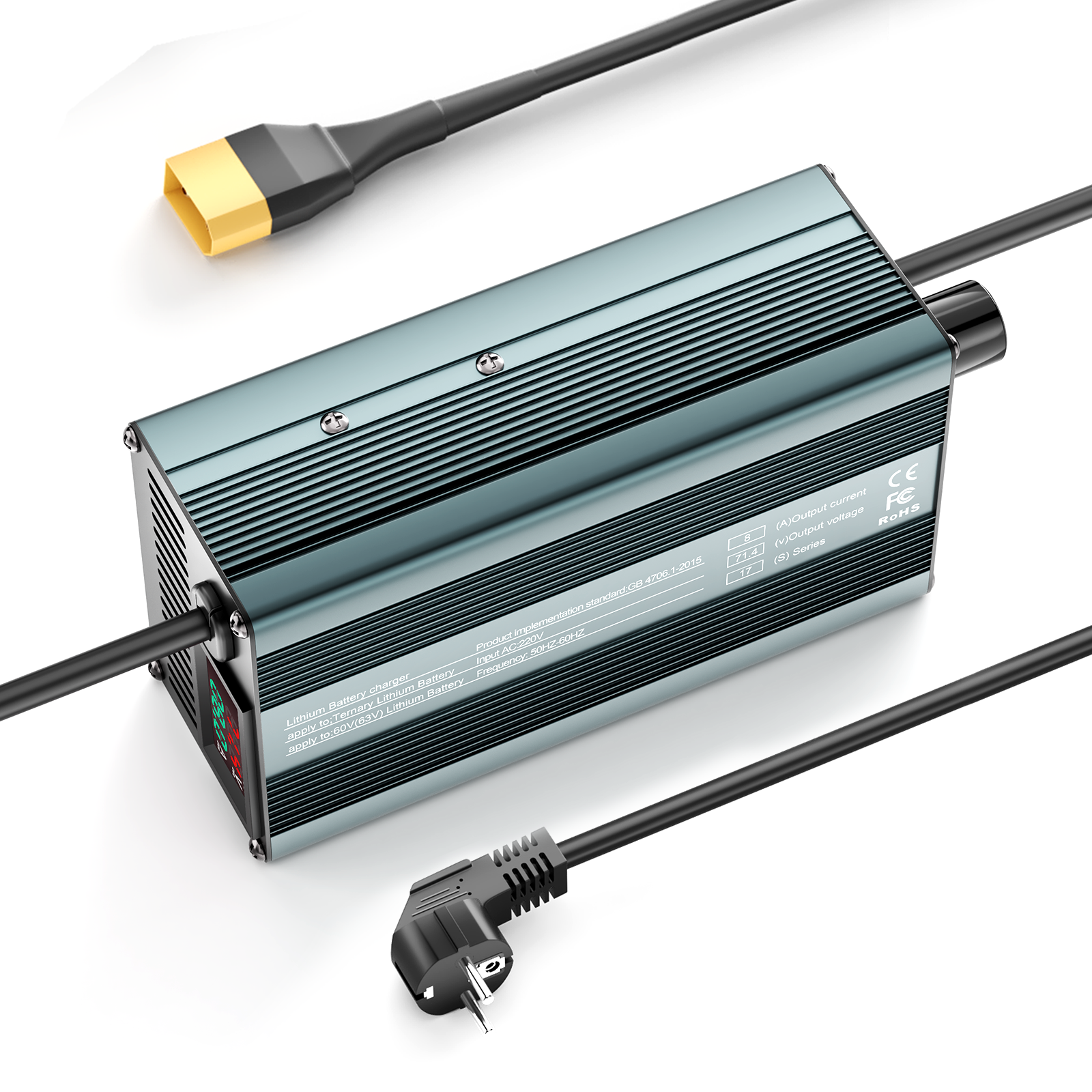 Suraziki 54,6 V 1-8 A stromverstellbares Lithium-Batterieladegerät für 13S 48 V Li-Ionen-/ternäre Lithium-/Polymer-Batterie, LCD-Display, Kühllüfter, Aluminiumgehäuse
