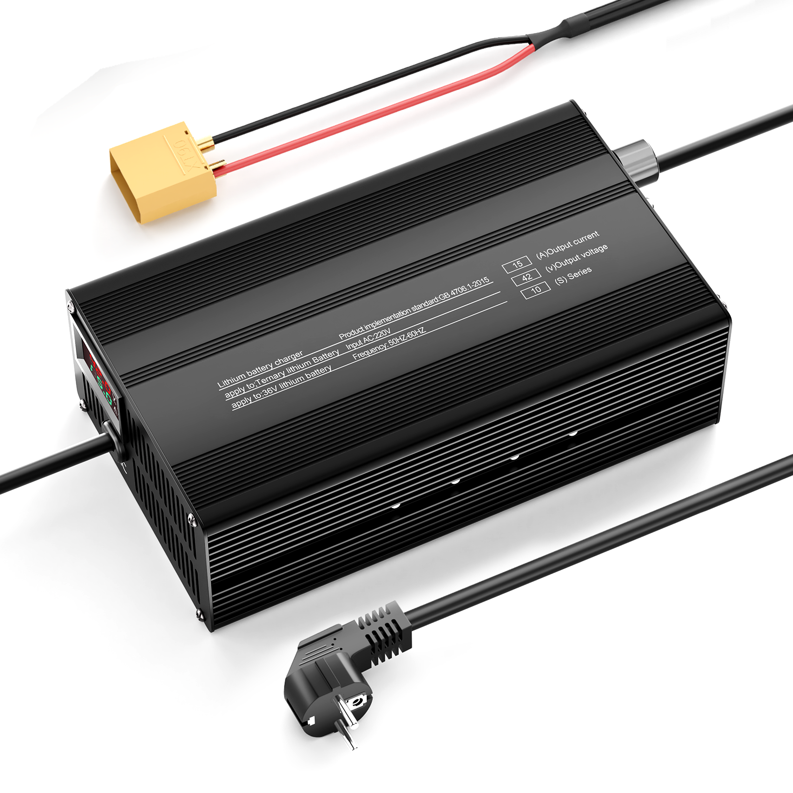 Suraziki 42V 1-15A Stromverstellbares Lithium-Batterieladegerät für 10S 37 V Li-Ionen-/ternäre Lithium-/Polymer-Batterien, E-Bike-Scooter-Batterieladegerät