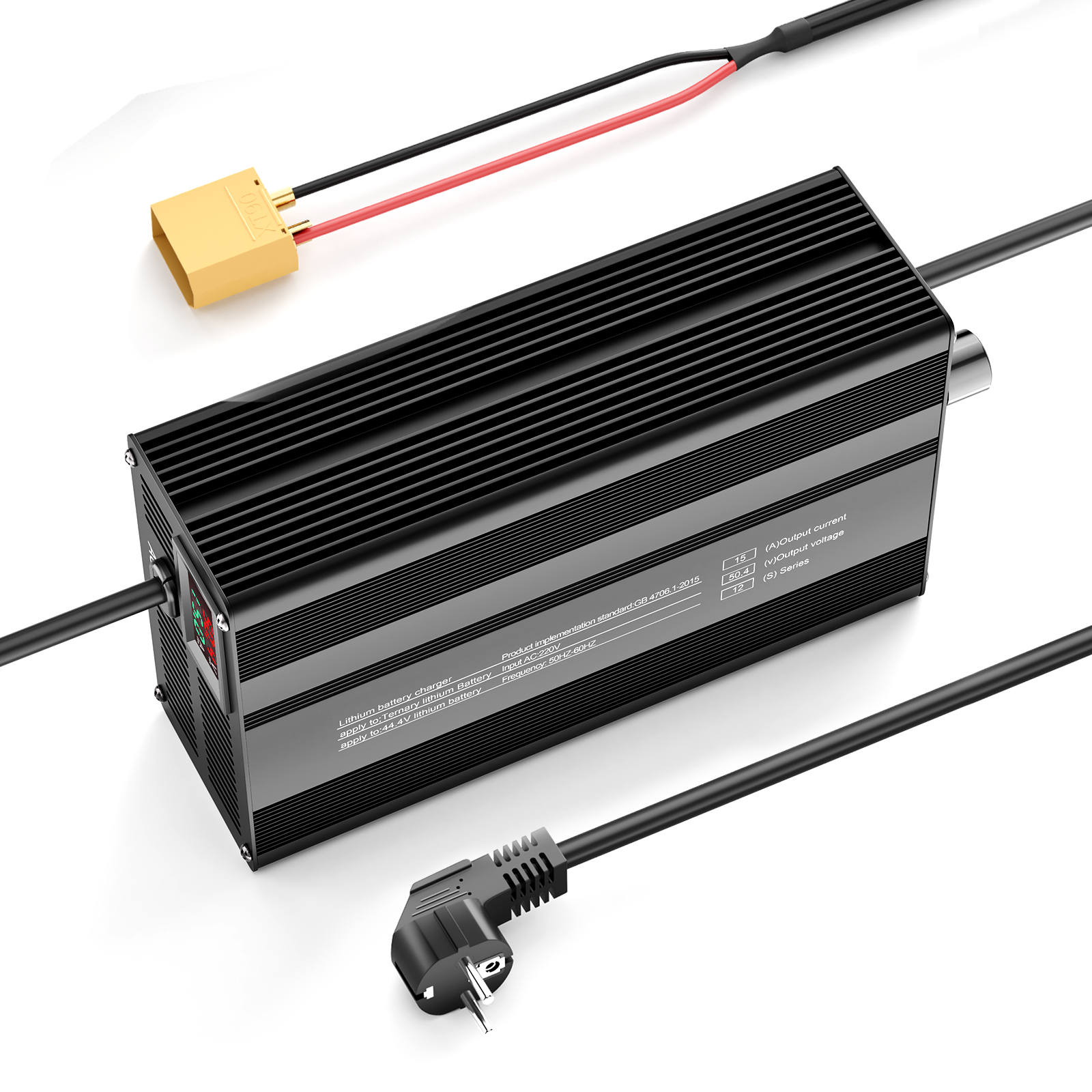 Suraziki 50,4 V 1-15 A Strom einstellbar Lithium-Batterie-Ladegerät für 12S 44,4 V Li-Ionen-/ternäre Lithium-/Polymer-Batterien, E-Bike-Scooter-Batterieladegerät