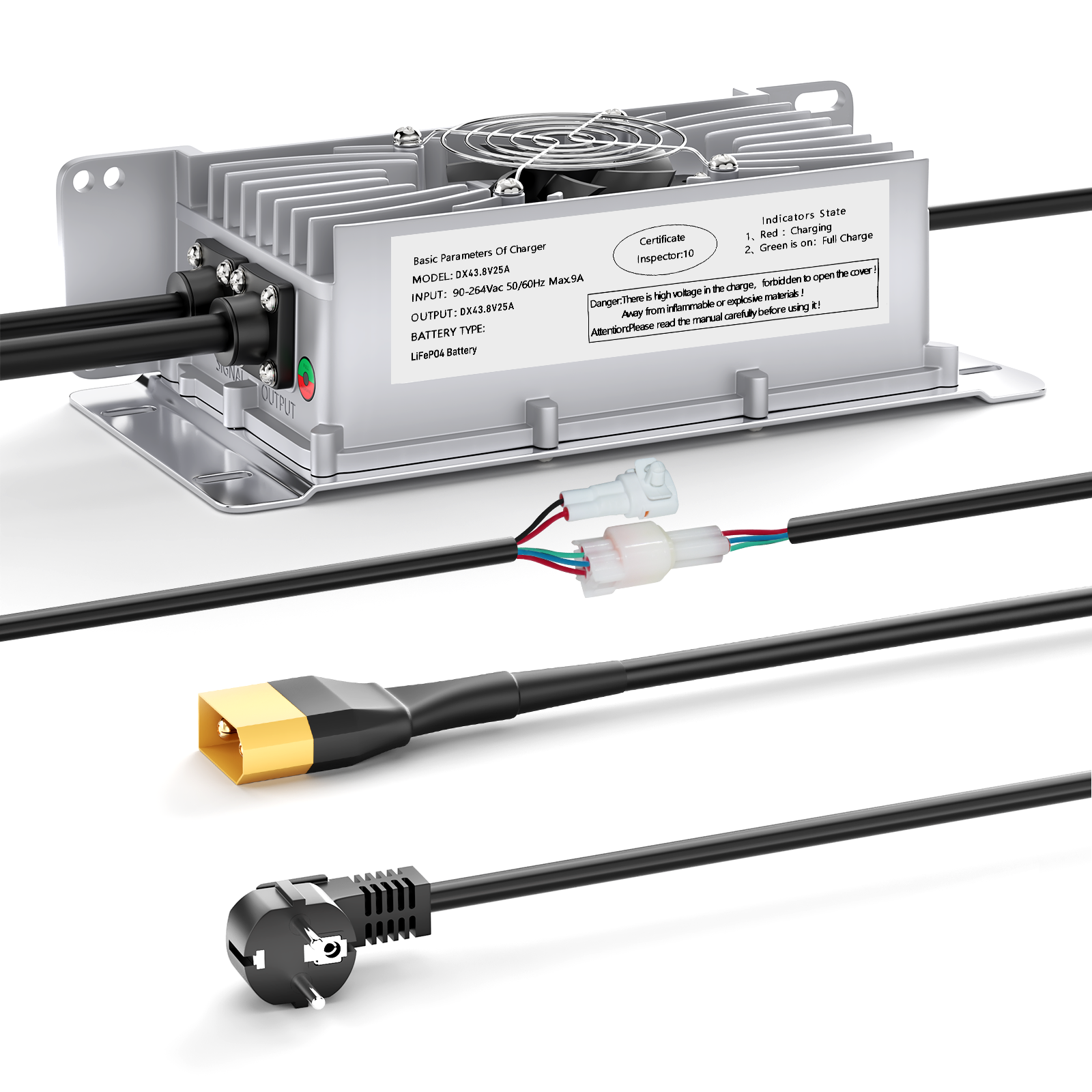 Caricabatterie Suraziki 36V 25A per batterie al litio Lifepo4, tensione di carica 43,8V per 36V (38,4V) 12S Batteria impermeabile, attivazione BMS 0V, con cavo di bloccaggio per veicoli elettrici, bici elettriche e golf cart