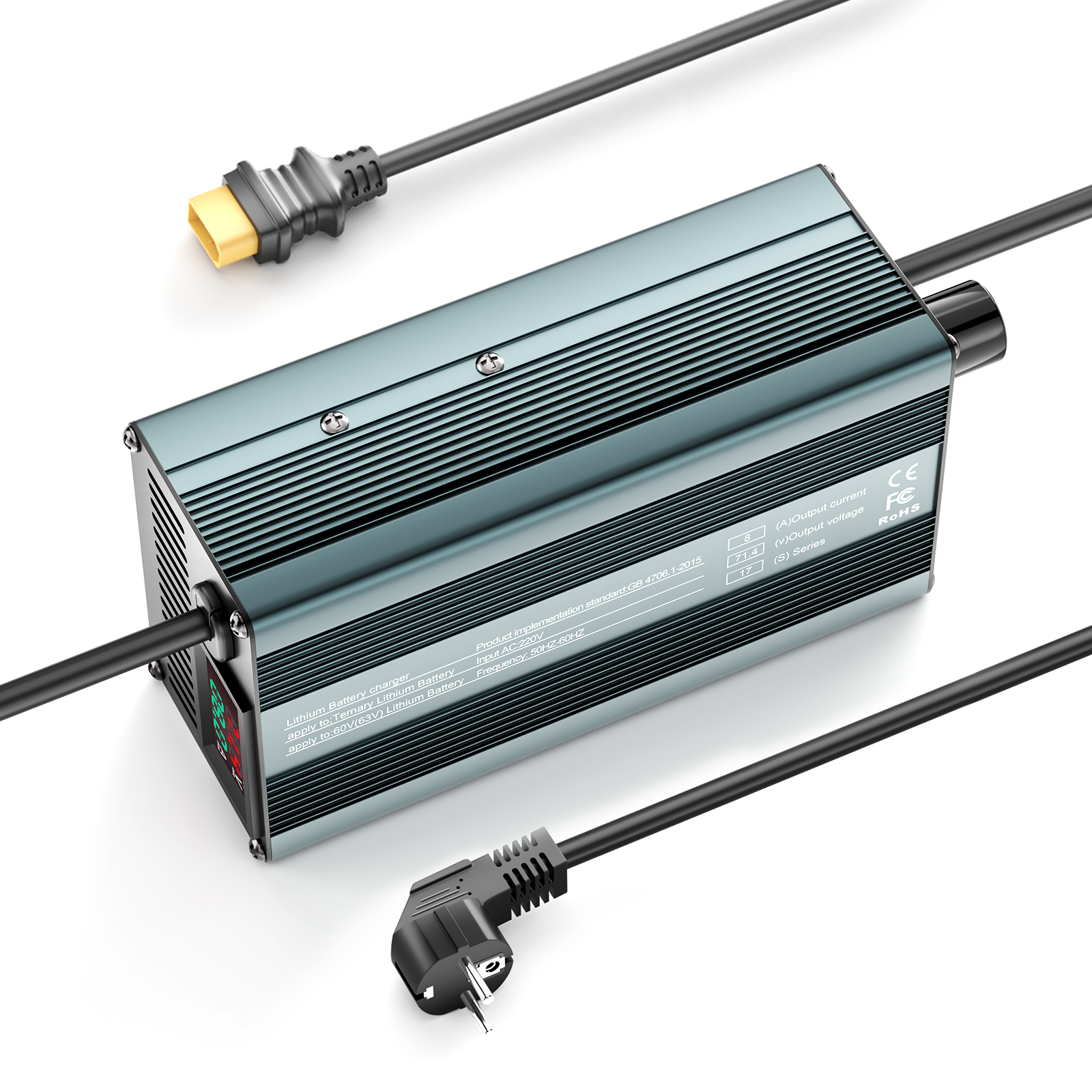 Suraziki 54,6 V 1-8 A stromverstellbares Lithium-Batterieladegerät für 13S 48 V Li-Ionen-/ternäre Lithium-/Polymer-Batterie, LCD-Display, Kühllüfter, Aluminiumgehäuse