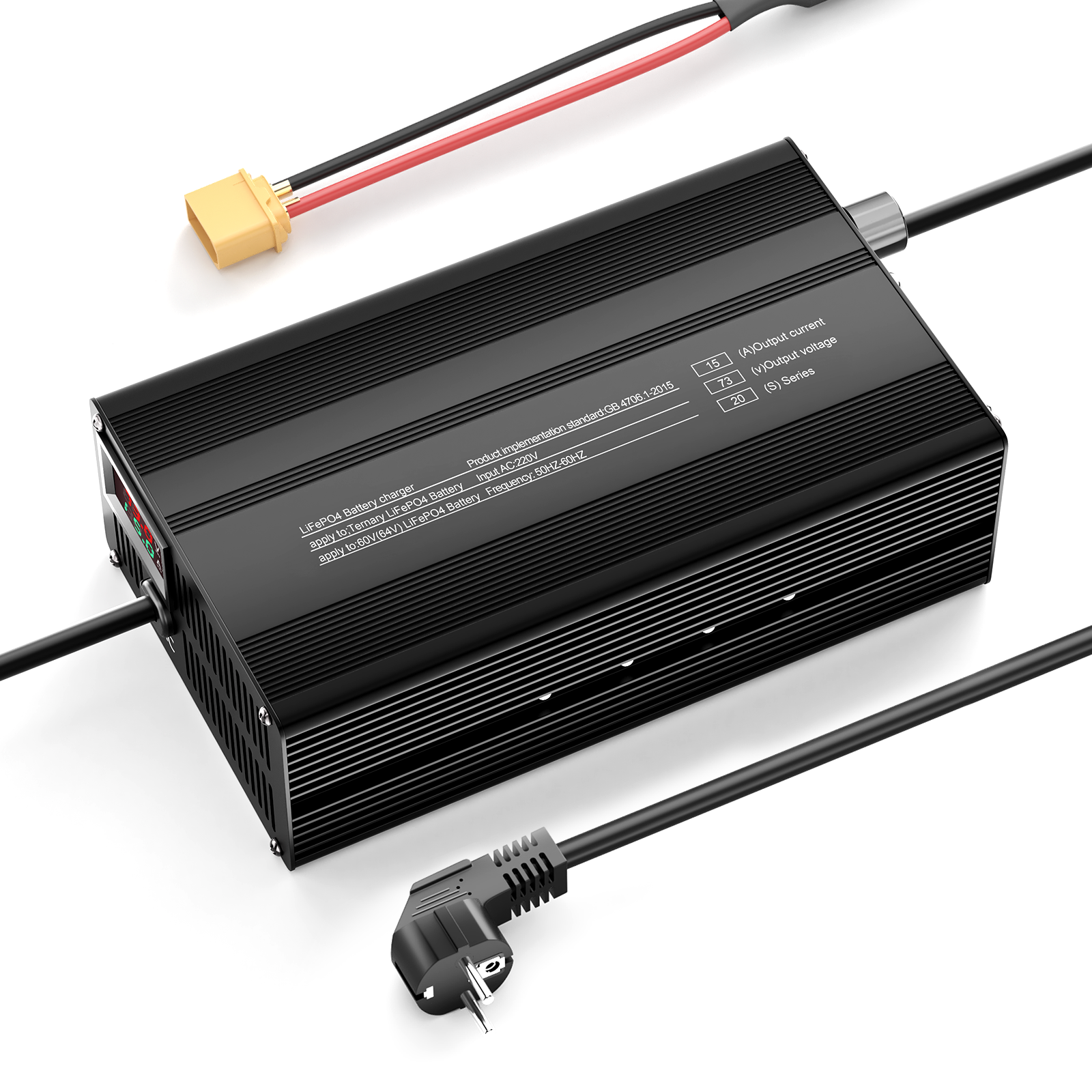 Suraziki 73V 1-15A Einstellbare Stromstärke Lithium LiFePO4 Batterie Ladegerät für 20S 64 V (60 V) LiFePO4-Batterie, Kühllüfter, Gehäuse aus Aluminiumlegierung, LCD-Display