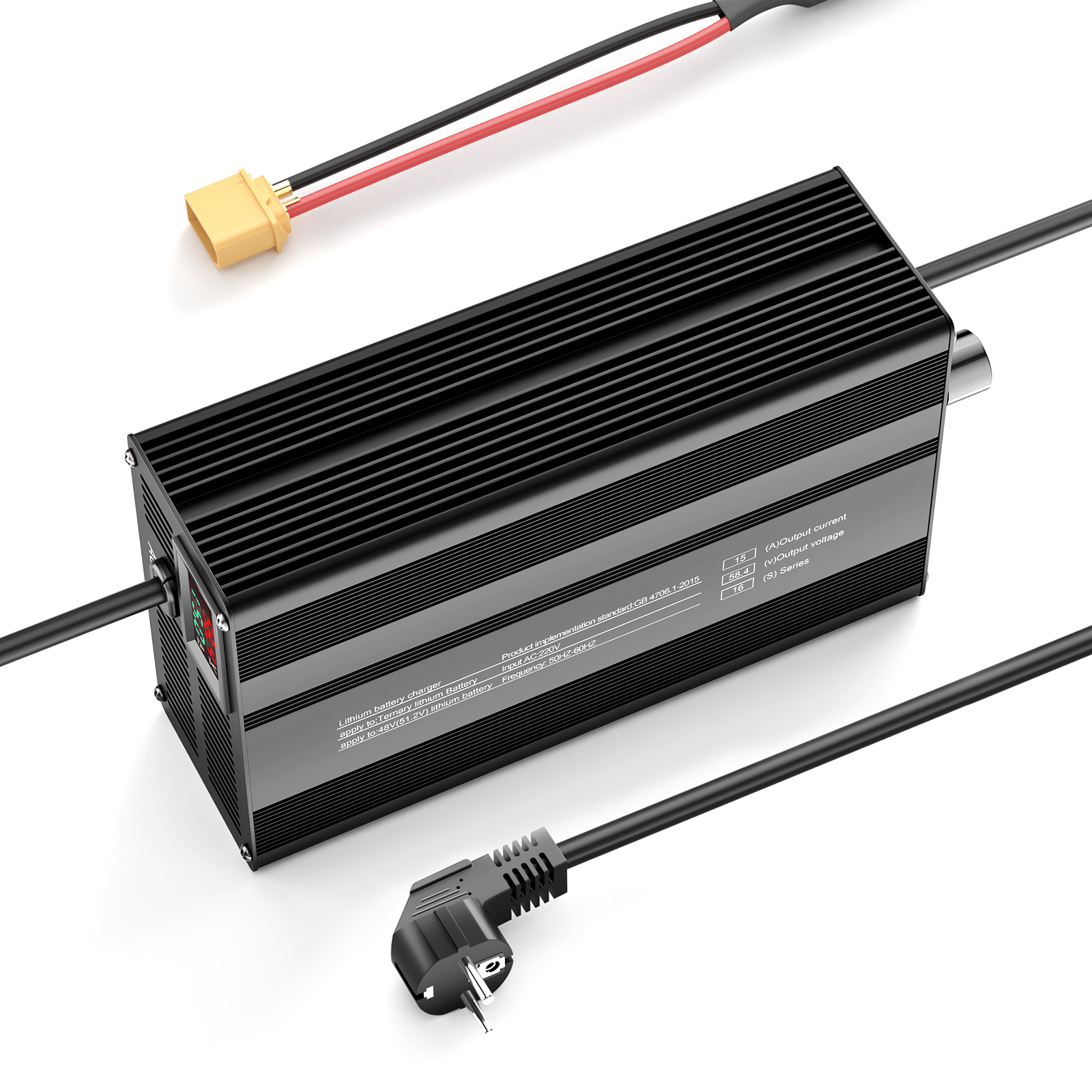 Caricabatterie per batterie al litio LiFePO4 Suraziki 58,4 V 1-15 A con corrente regolabile per 16S Batteria LiFePO4 da 51,2 V (48 V), ventola di raffreddamento, custodia in lega di alluminio, display LCD