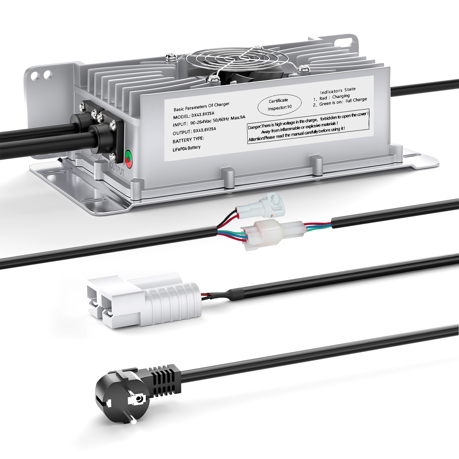 Caricabatterie Suraziki 36V 25A per batterie al litio Lifepo4, tensione di carica 43,8V per 36V (38,4V) 12S Batteria impermeabile, attivazione BMS 0V, con cavo di bloccaggio per veicoli elettrici, bici elettriche e golf cart