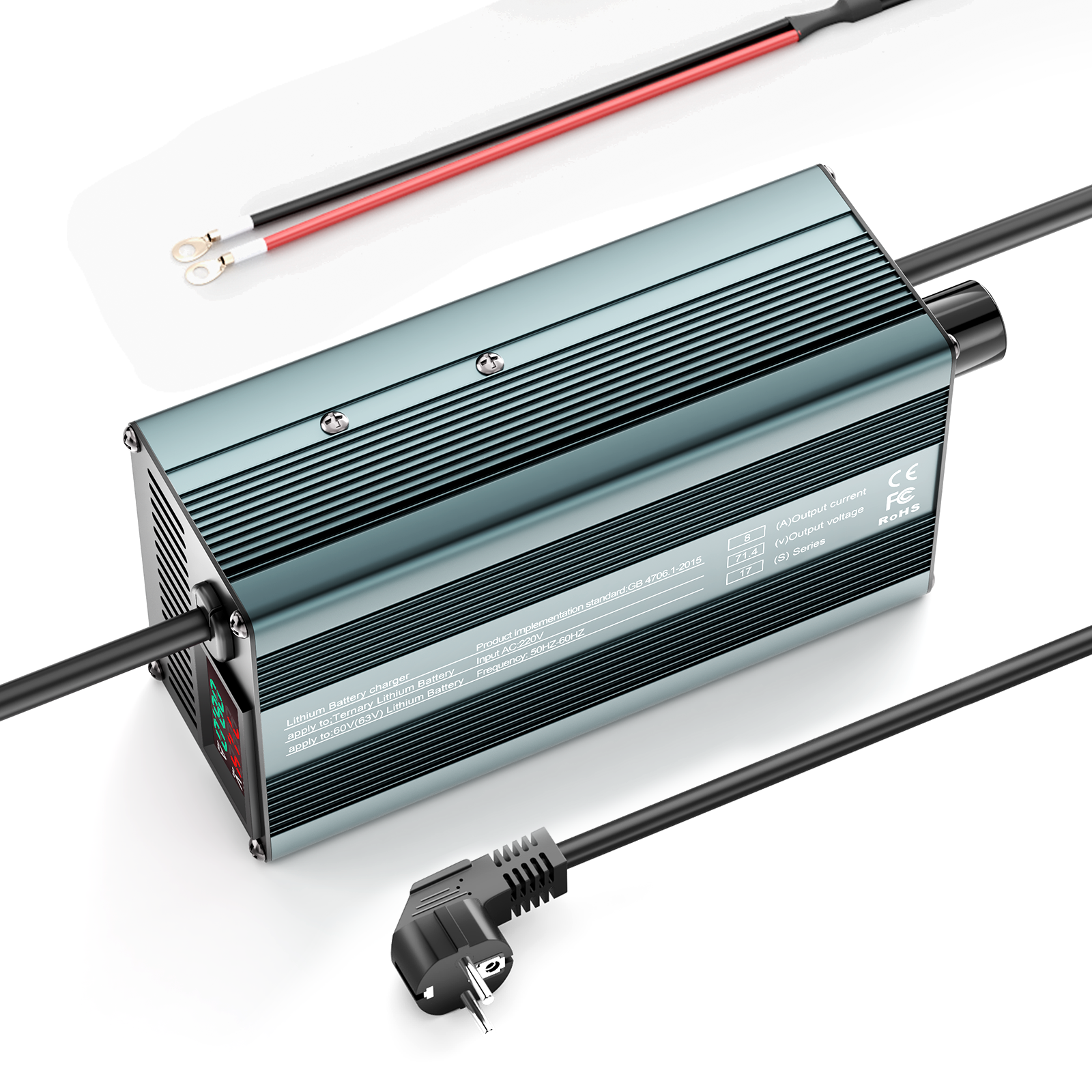 Suraziki 54,6 V 1-8 A stromverstellbares Lithium-Batterieladegerät für 13S 48 V Li-Ionen-/ternäre Lithium-/Polymer-Batterie, LCD-Display, Kühllüfter, Aluminiumgehäuse