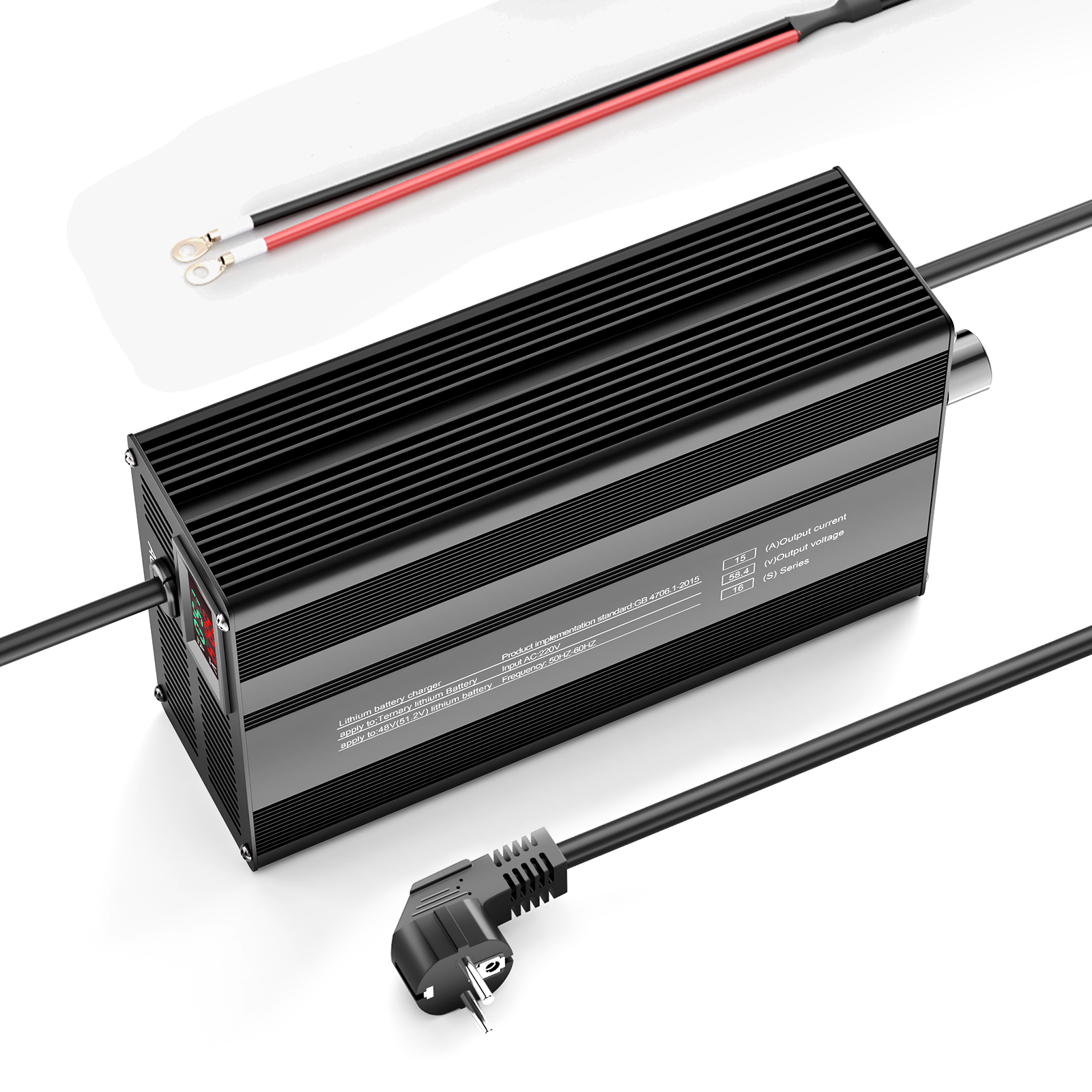 Caricabatterie per batterie al litio LiFePO4 Suraziki 58,4 V 1-15 A con corrente regolabile per 16S Batteria LiFePO4 da 51,2 V (48 V), ventola di raffreddamento, custodia in lega di alluminio, display LCD